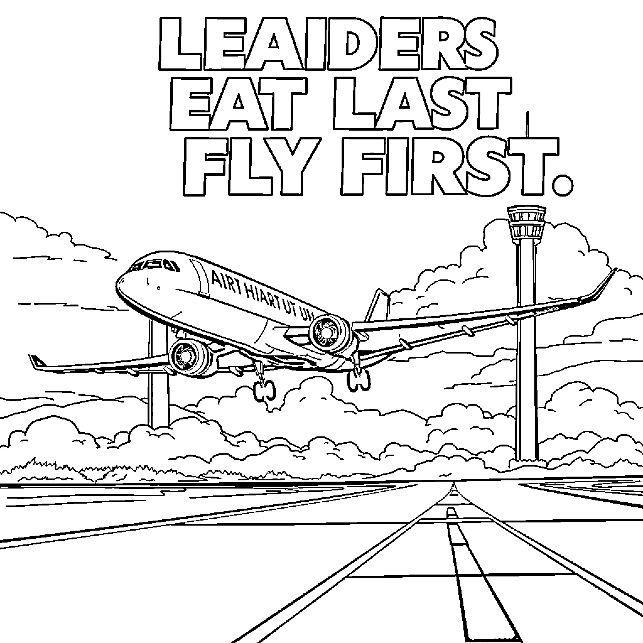 Plane taking off as leaders fly first Coloring Page (free black-and-white line drawing printable PDF for all, from beginners to advanced learners, including children, teens, adults, and seniors)
