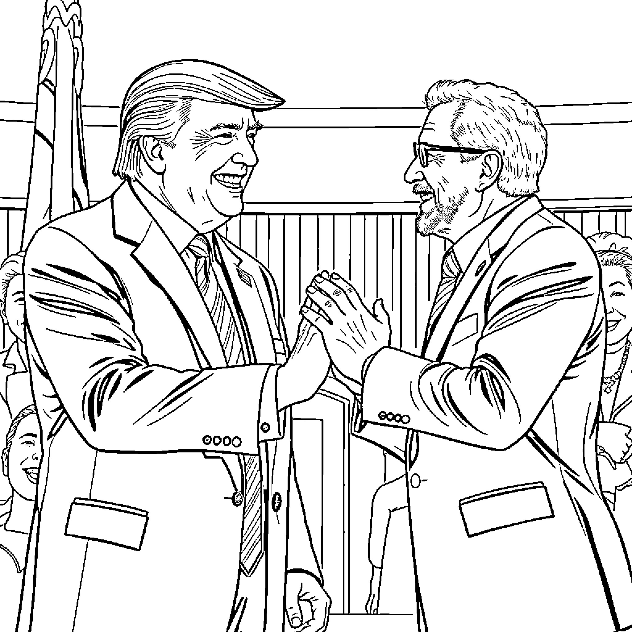 Trump Shaking Hands with Another Politician Coloring Page (free black-and-white line drawing printable PDF for all, from beginners to advanced learners, including children, teens, adults, and seniors)