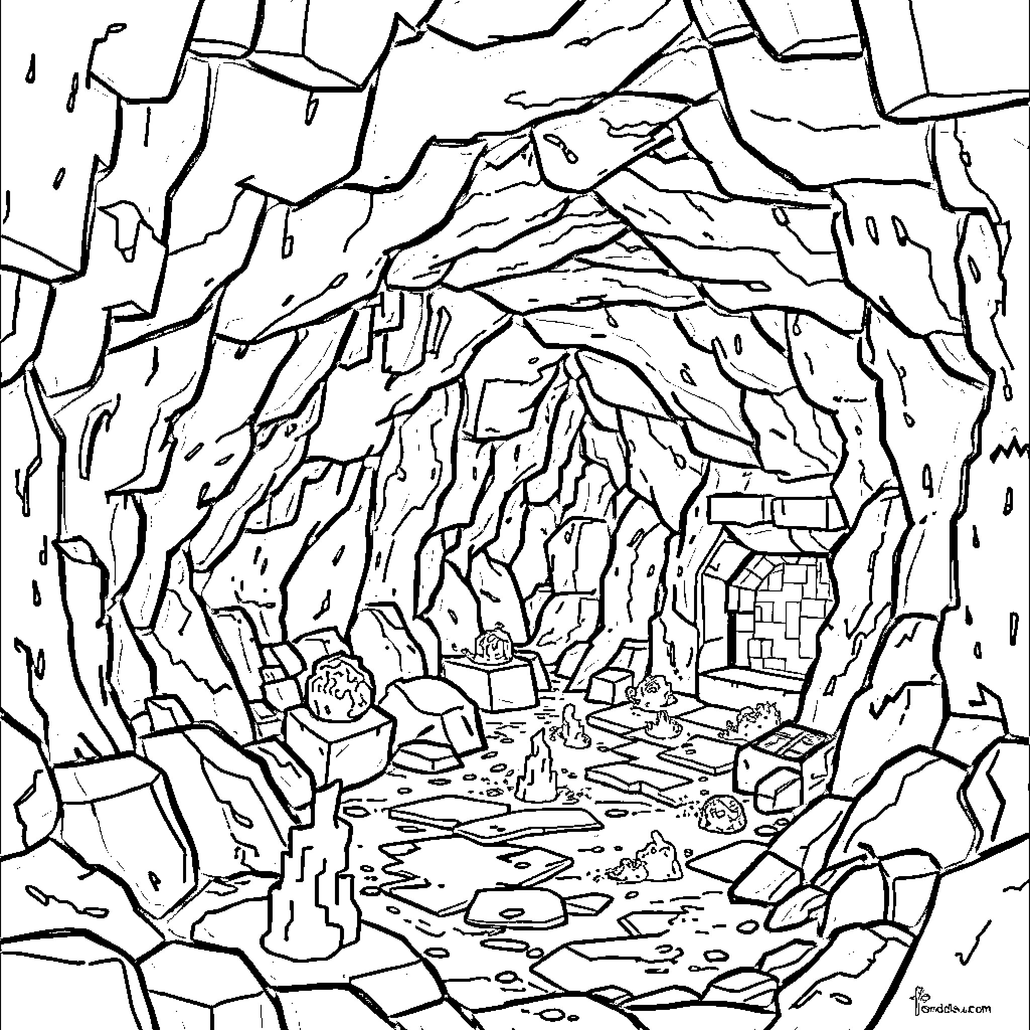 Undermine: Intricate Cavern Exploration Coloring Page (free black-and-white line drawing printable PDF for all, from beginners to advanced learners, including children, teens, adults, and seniors)