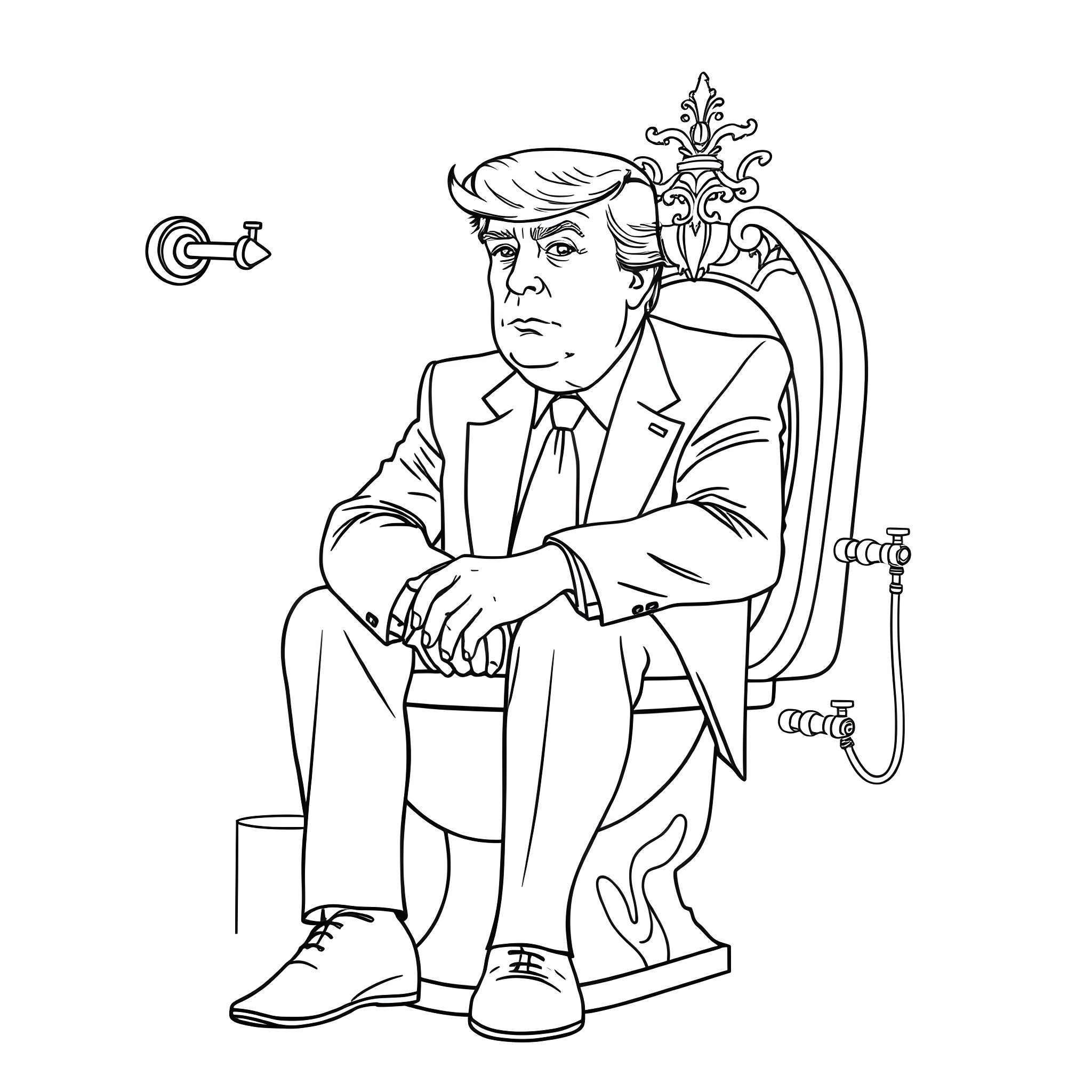 Donald Trump sitting on an ornate chair Coloring Page (free black-and-white line drawing printable PDF for all, from beginners to advanced learners, including children, teens, adults, and seniors)