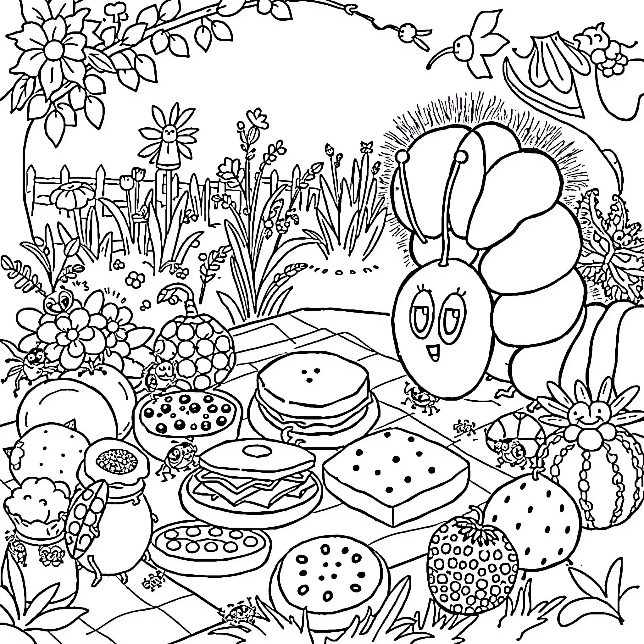 Caterpillar's Whimsical Garden Adventure Coloring Page (free black-and-white line drawing printable PDF for all, from beginners to advanced learners, including children, teens, adults, and seniors)