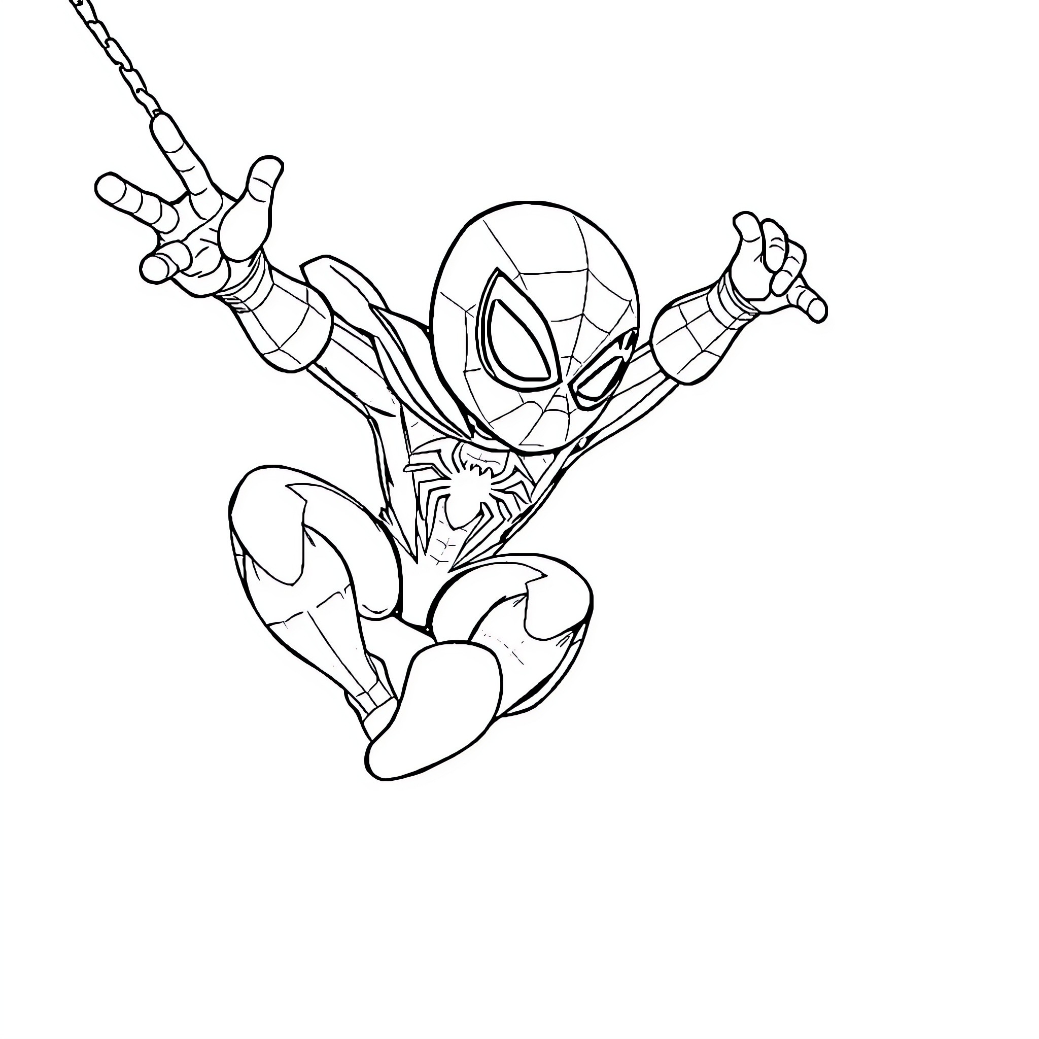 Bluey Spiderman swinging with excitement Coloring Page (free black-and-white line drawing printable PDF for all, from beginners to advanced learners, including children, teens, adults, and seniors)