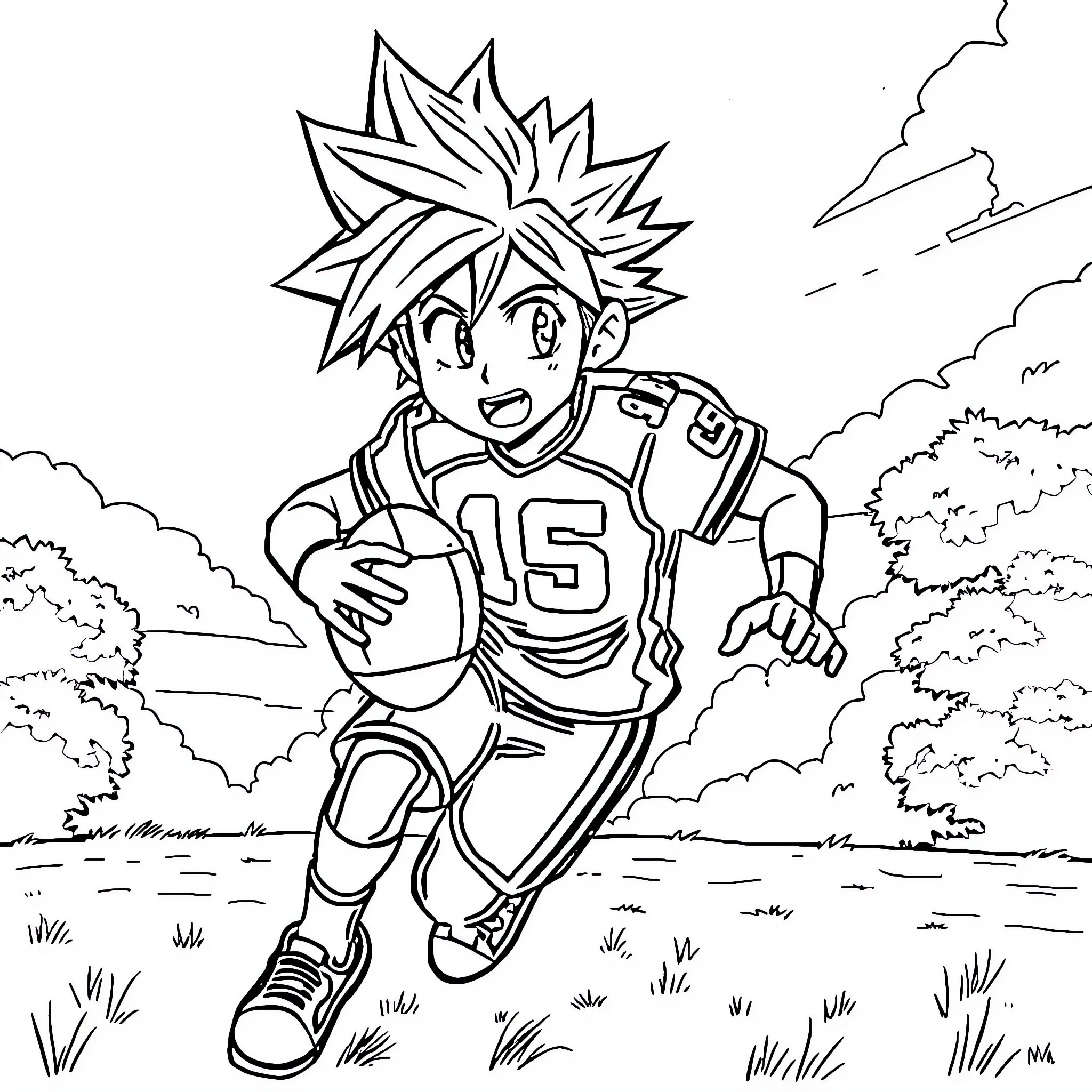 Cloud Strife running excitedly on a sports field Coloring Page (free black-and-white line drawing printable PDF for all, from beginners to advanced learners, including children, teens, adults, and seniors)