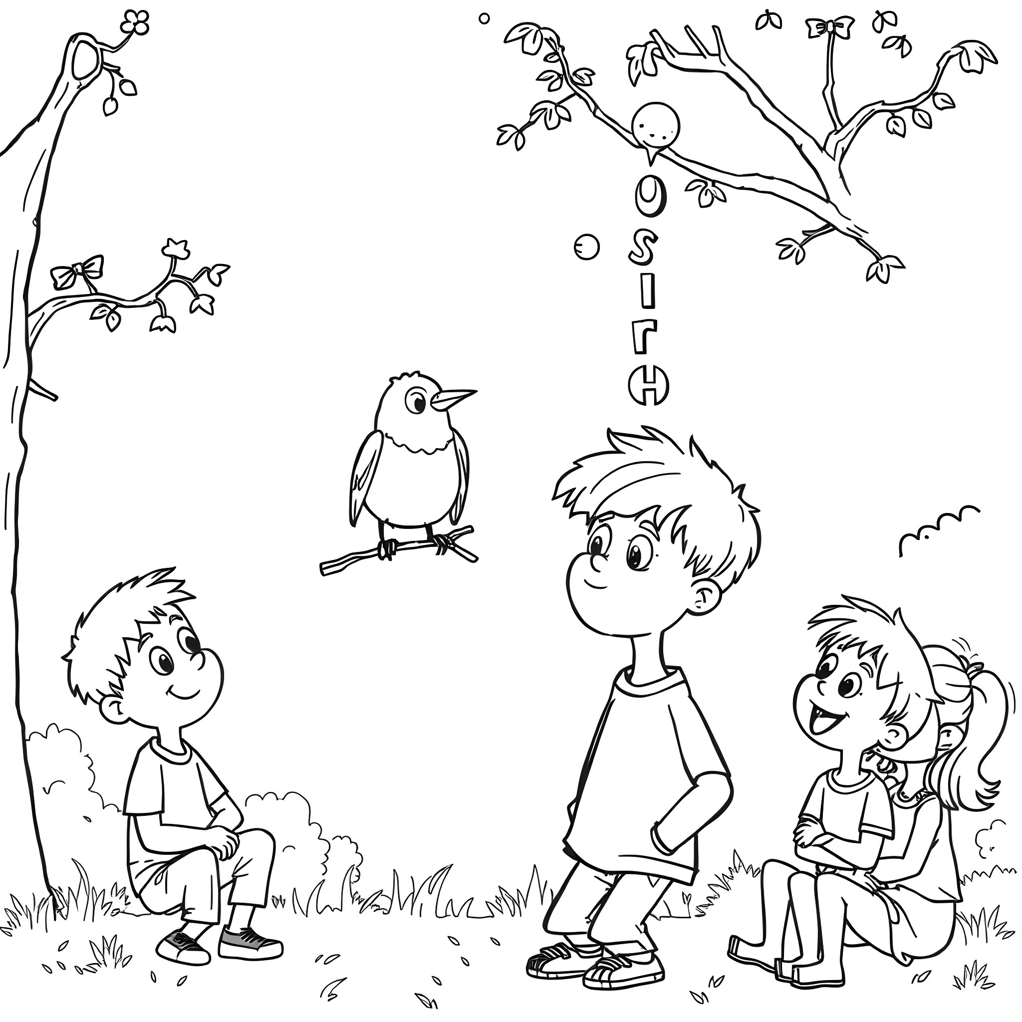 Onboy and friends exploring nature together Coloring Page (free black-and-white line drawing printable PDF for all, from beginners to advanced learners, including children, teens, adults, and seniors)