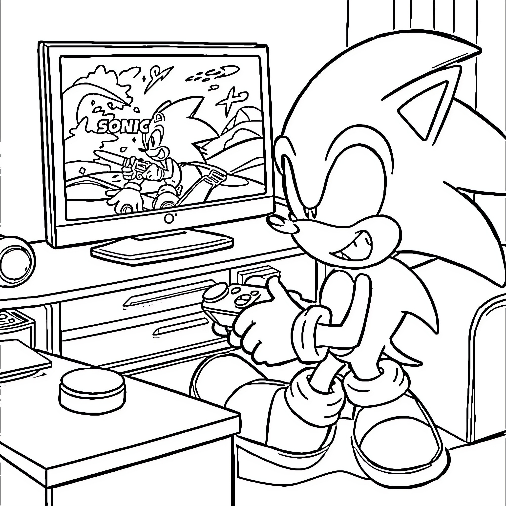 Sonic Playing Video Games in His Room Coloring Page (free black-and-white line drawing printable PDF for all, from beginners to advanced learners, including children, teens, adults, and seniors)