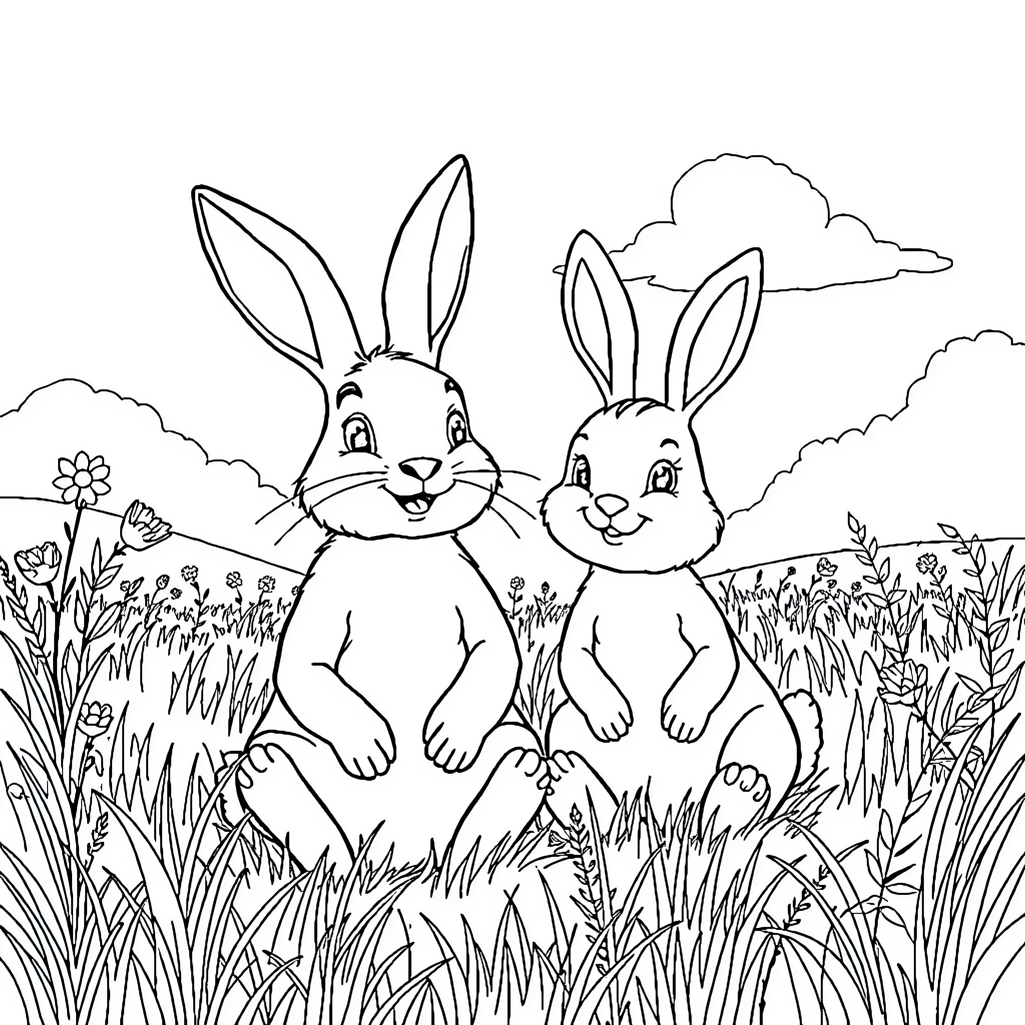 Lapin - Rabbits Frolicking in Spring Meadow Coloring Page (free black-and-white line drawing printable PDF for all, from beginners to advanced learners, including children, teens, adults, and seniors)
