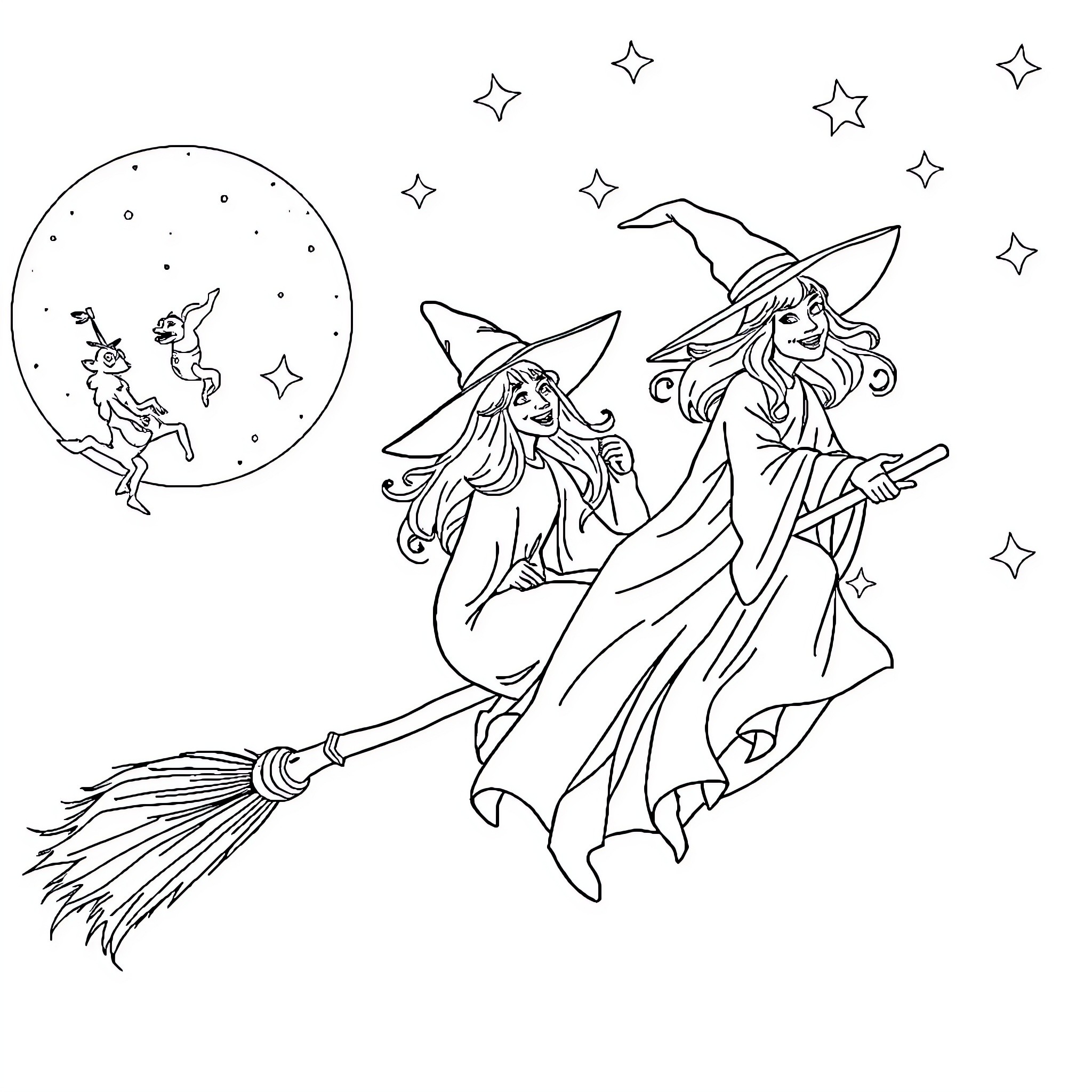 Witches flying on broomsticks under the starry night sky Coloring Page (free black-and-white line drawing printable PDF for all, from beginners to advanced learners, including children, teens, adults, and seniors)