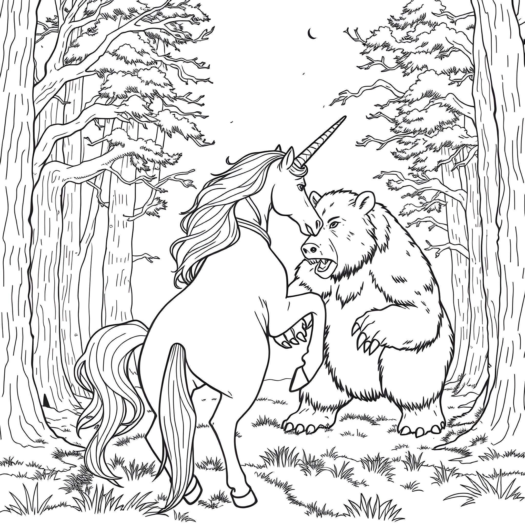 Unicorn meeting a friendly bear in the enchanted forest Coloring Page (free black-and-white line drawing printable PDF for all, from beginners to advanced learners, including children, teens, adults, and seniors)