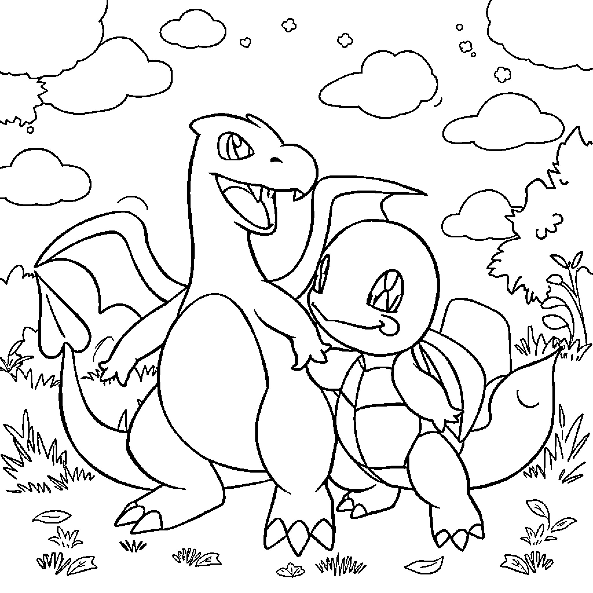 Pokémon characters exploring the wilderness Coloring Page (free black-and-white line drawing printable PDF for all, from beginners to advanced learners, including children, teens, adults, and seniors)