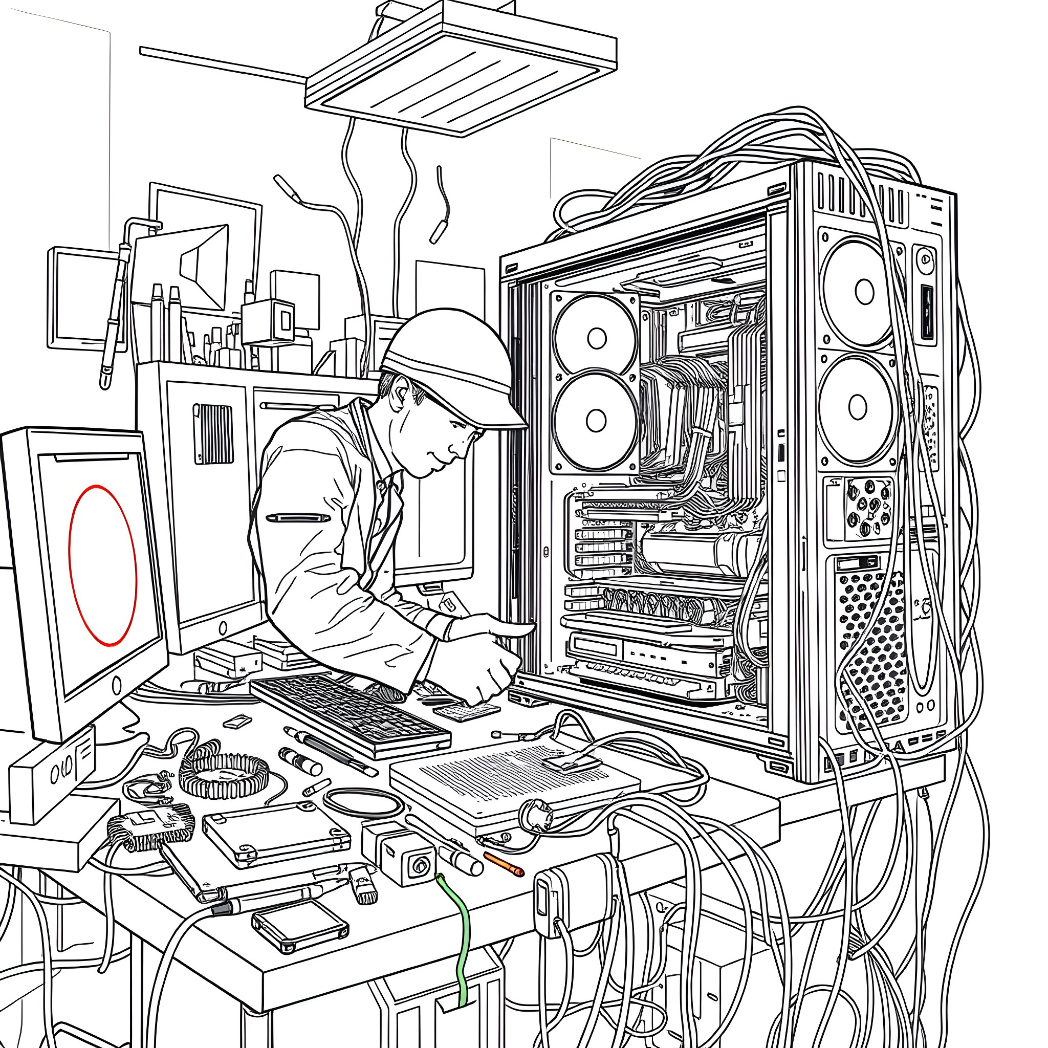 Computer Technician Repairing Desktop Computer Coloring Page (free black-and-white line drawing printable PDF for all, from beginners to advanced learners, including children, teens, adults, and seniors)
