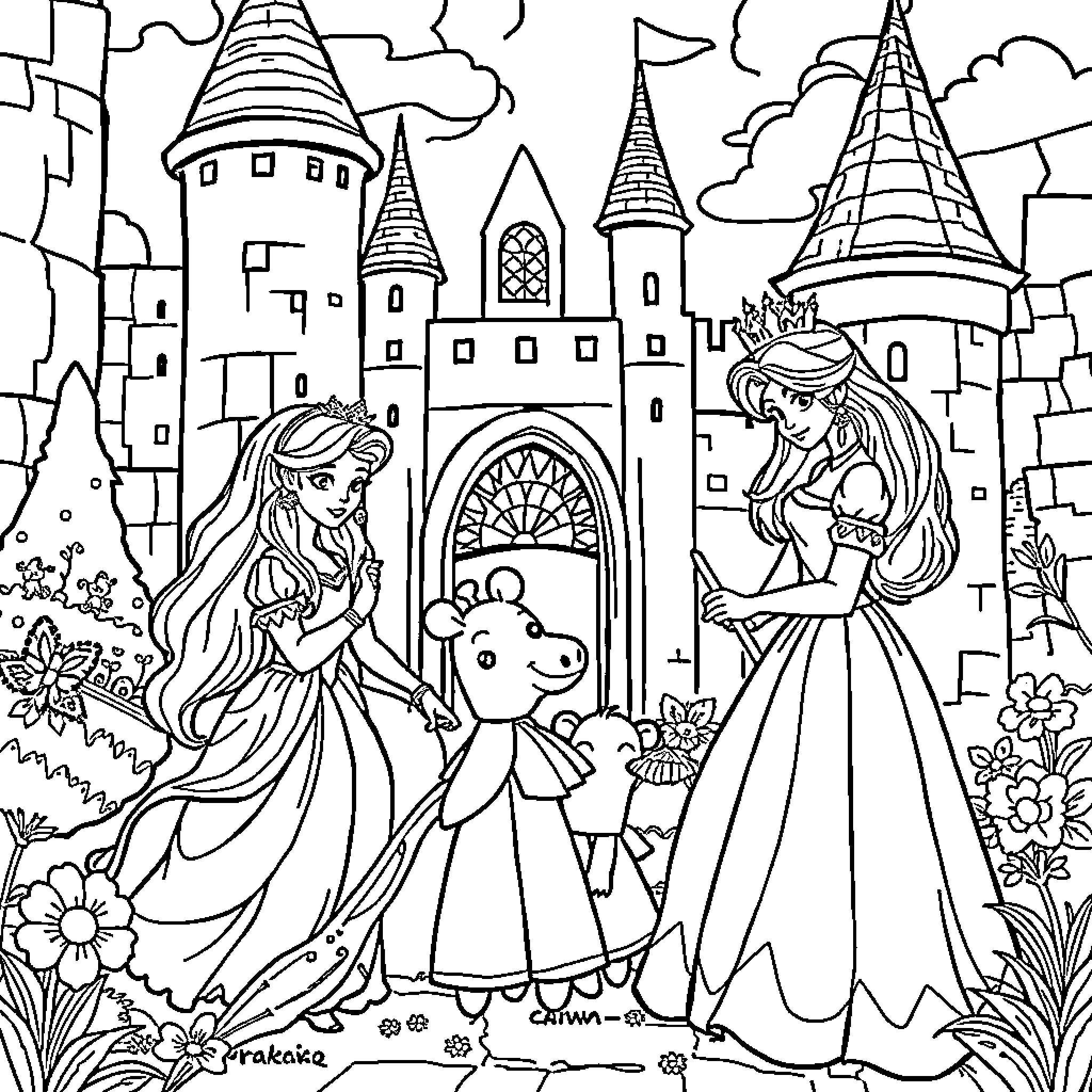 Princess Playing with Magical Creatures in Castle Gardens Coloring Page (free black-and-white line drawing printable PDF for all, from beginners to advanced learners, including children, teens, adults, and seniors)