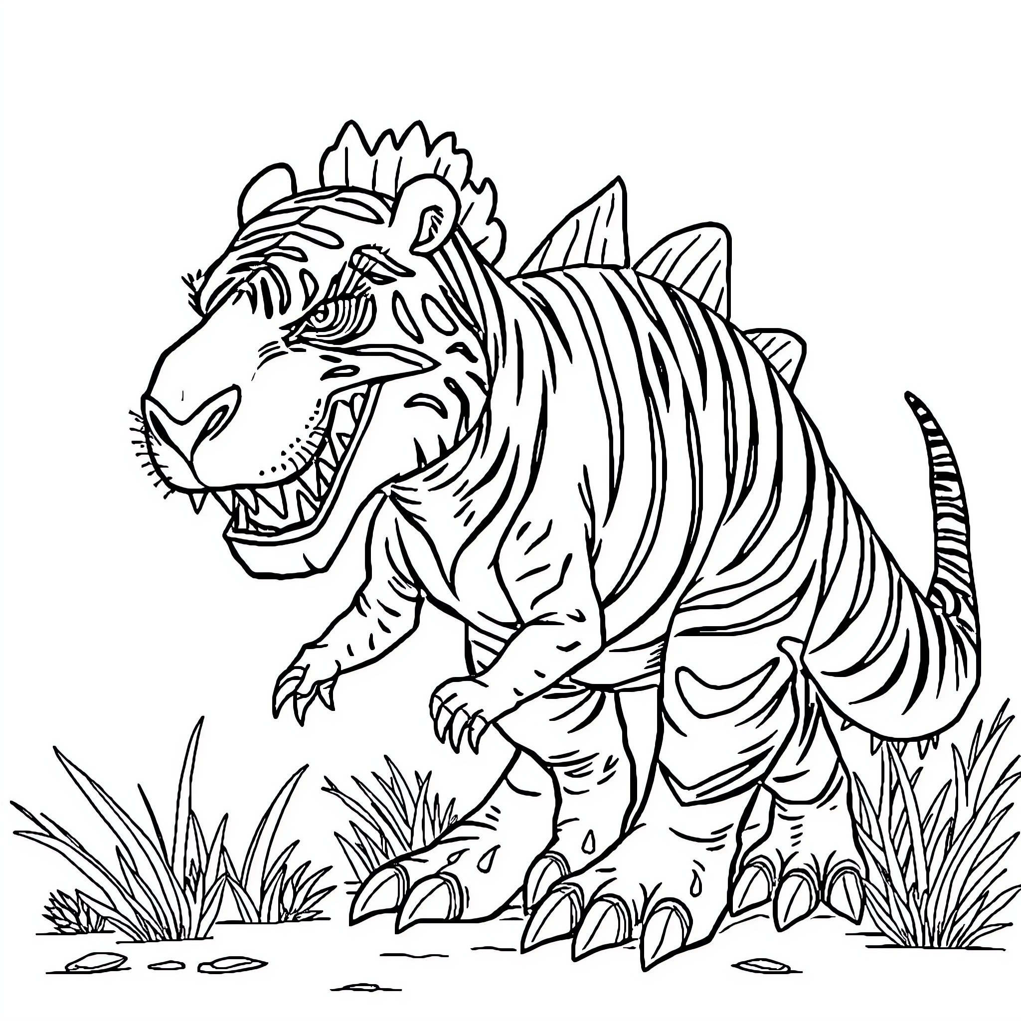 Dinosaur stalking aggressively through the wilderness Coloring Page (free black-and-white line drawing printable PDF for all, from beginners to advanced learners, including children, teens, adults, and seniors)