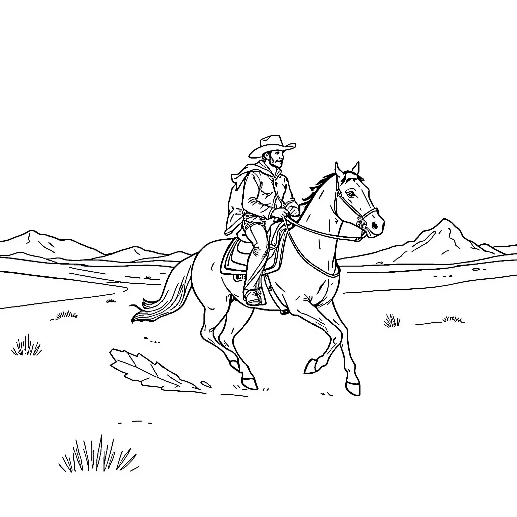 Horse-riding cowboy traversing desert landscape Coloring Page (free black-and-white line drawing printable PDF for all, from beginners to advanced learners, including children, teens, adults, and seniors)