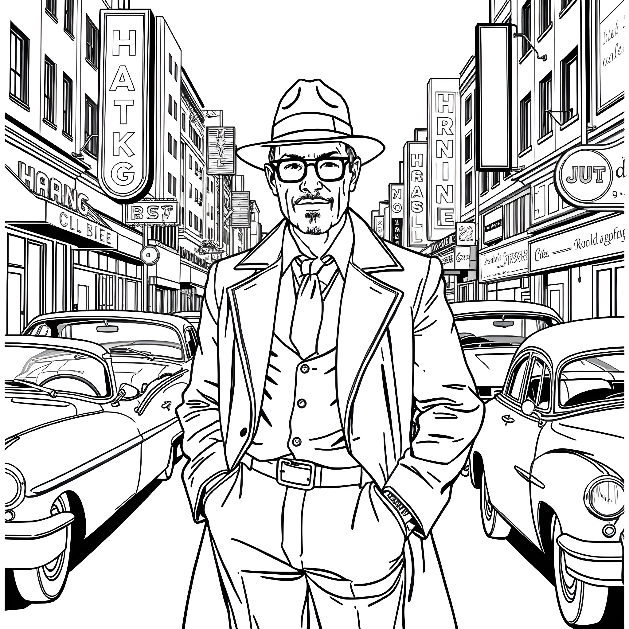 Hank Hill standing in a busy city street Coloring Page (free black-and-white line drawing printable PDF for all, from beginners to advanced learners, including children, teens, adults, and seniors)