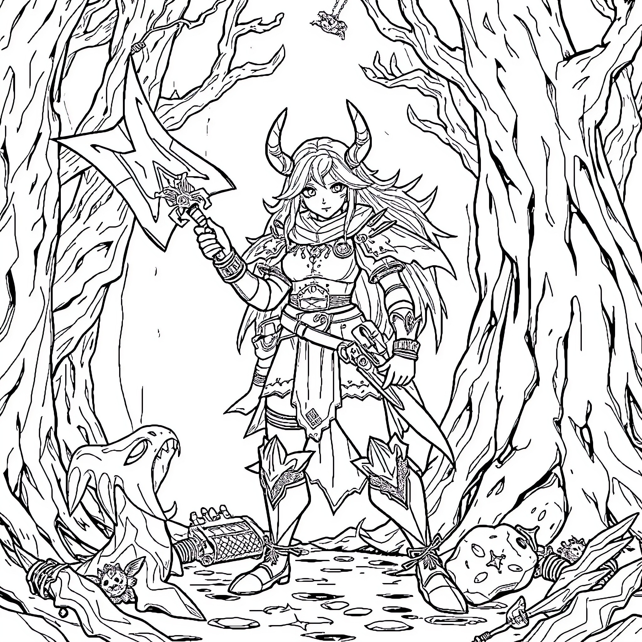 Monster Hunter Warrior Battles Fierce Creatures in Enchanted Forest Coloring Page (free black-and-white line drawing printable PDF for all, from beginners to advanced learners, including children, teens, adults, and seniors)