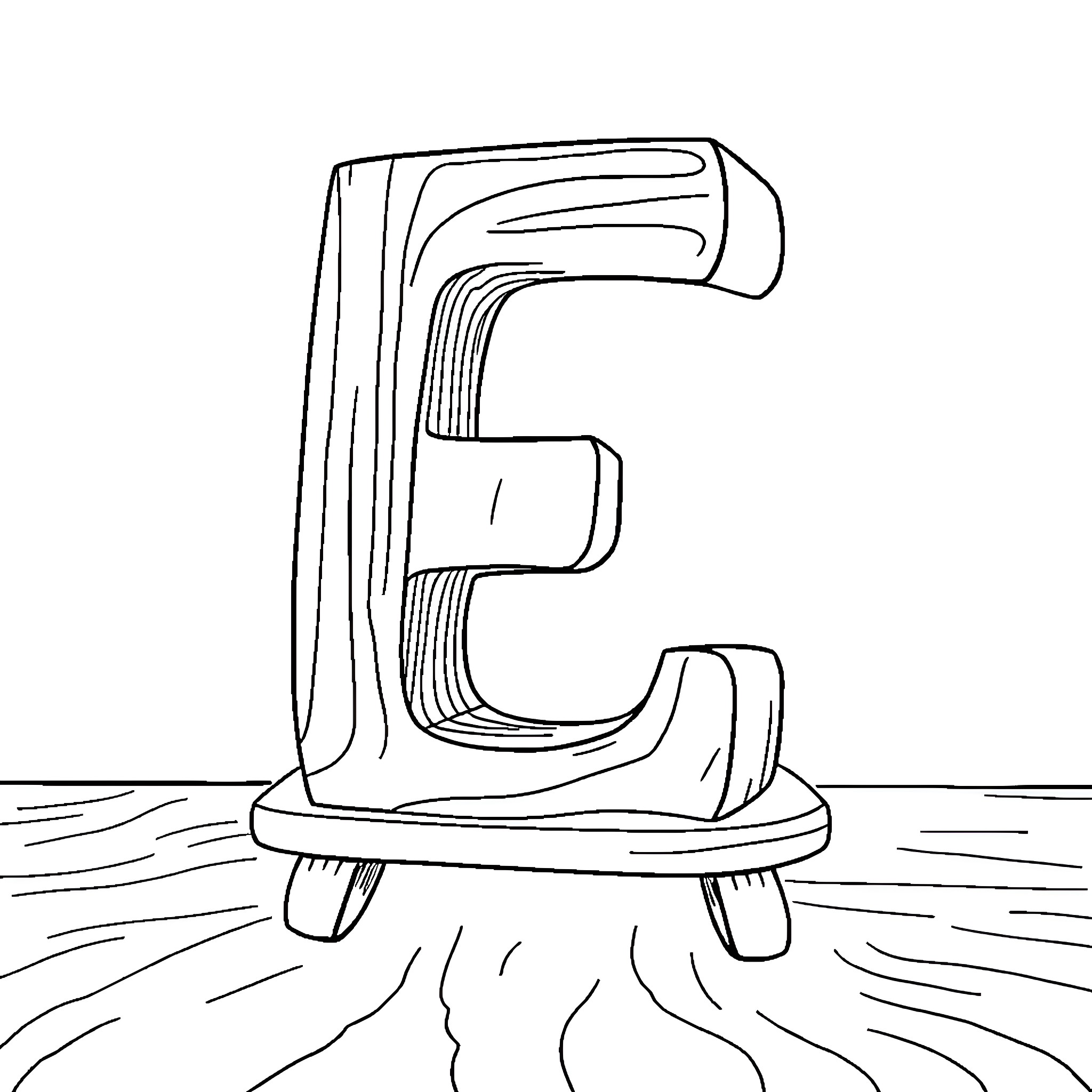 Letter E carved on wooden block Coloring Page (free black-and-white line drawing printable PDF for all, from beginners to advanced learners, including children, teens, adults, and seniors)