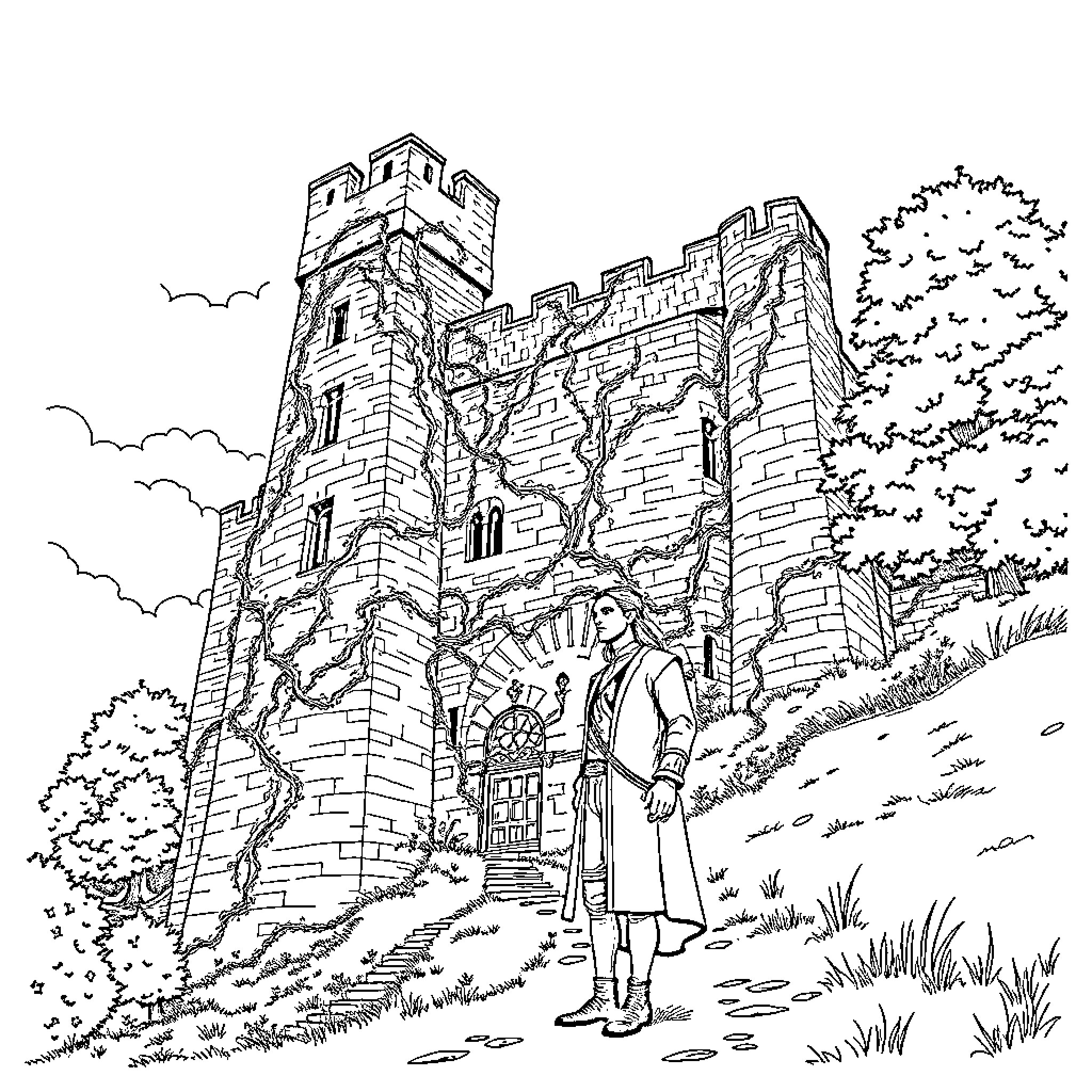 Hozier stands in front of an ancient castle Coloring Page (free black-and-white line drawing printable PDF for all, from beginners to advanced learners, including children, teens, adults, and seniors)