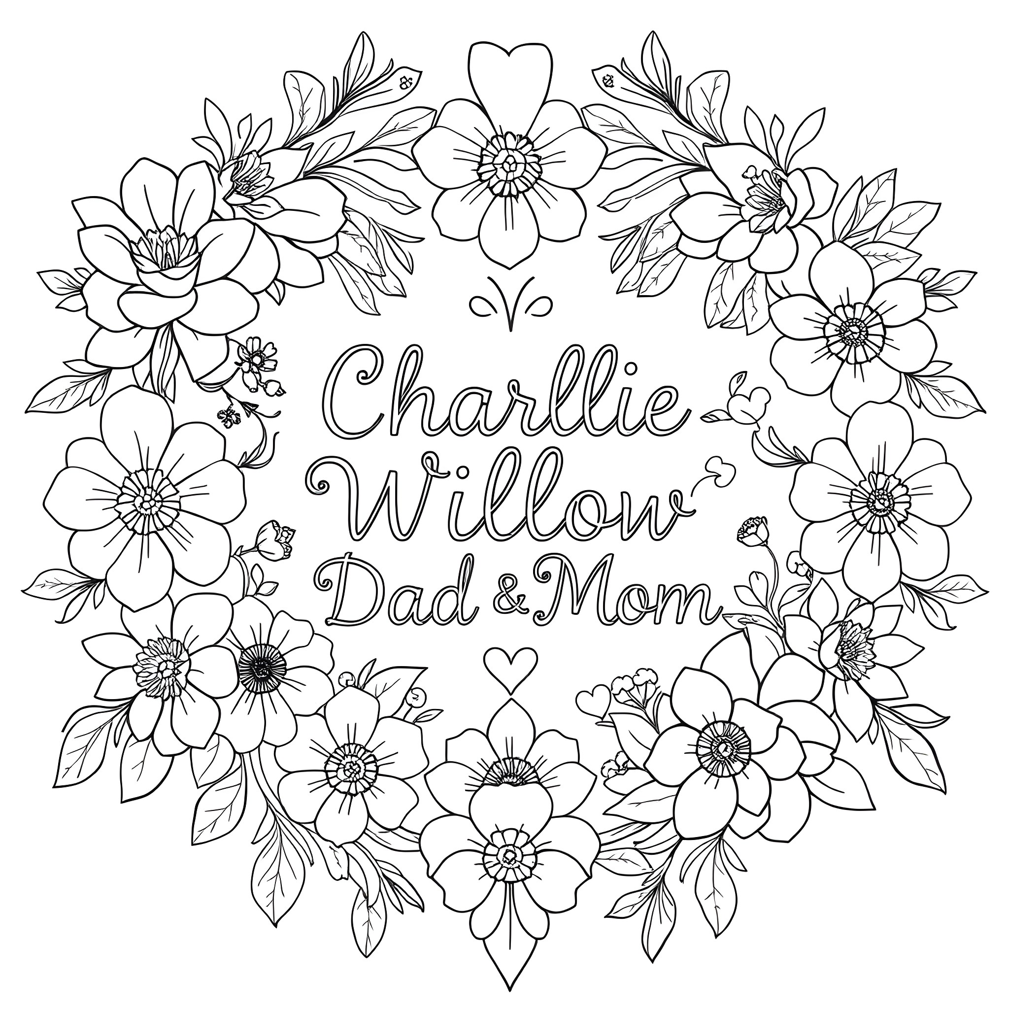 Flowers surrounding a personalized message Coloring Page (free black-and-white line drawing printable PDF for all, from beginners to advanced learners, including children, teens, adults, and seniors)