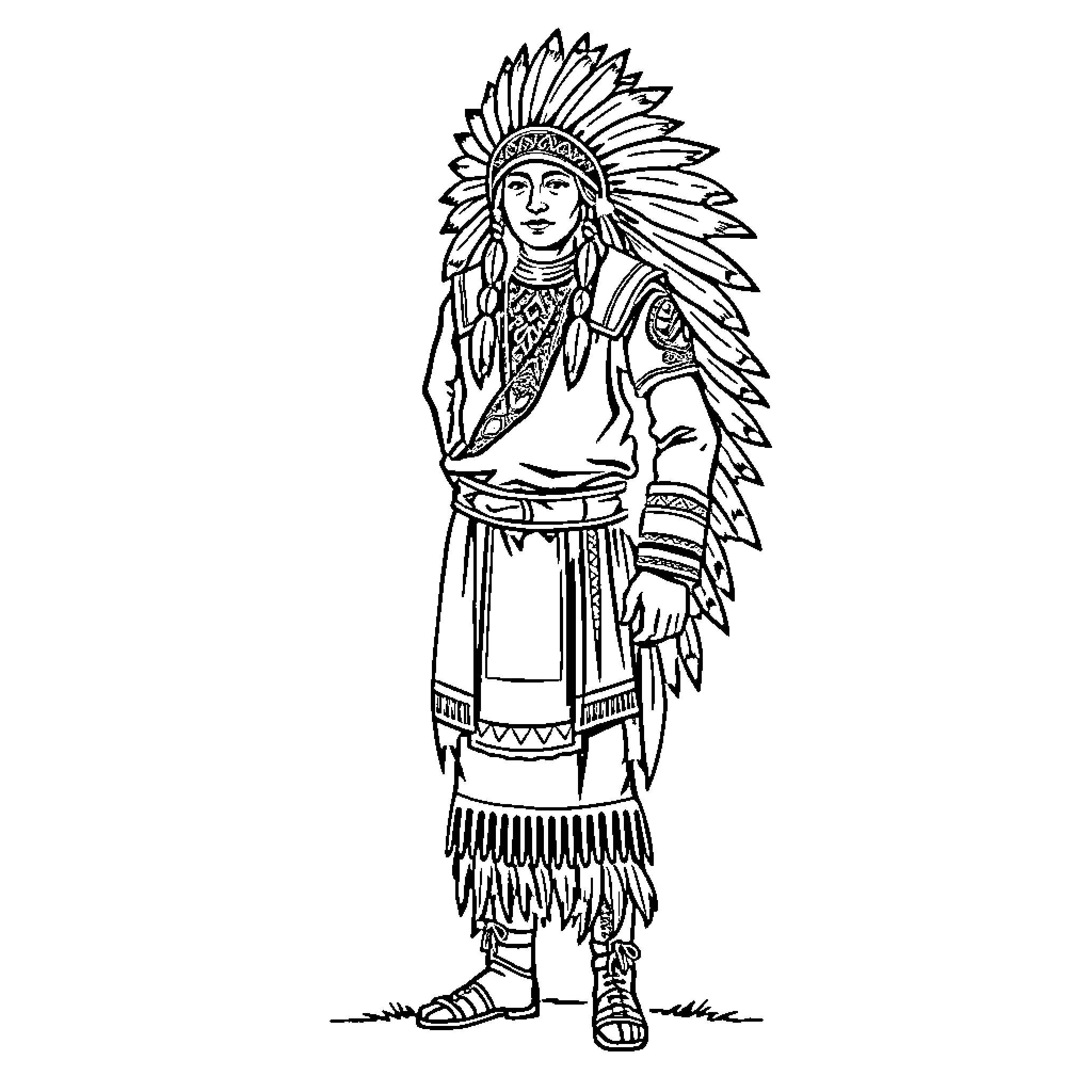 Native American Chief in Traditional Ceremonial Attire Coloring Page (free black-and-white line drawing printable PDF for all, from beginners to advanced learners, including children, teens, adults, and seniors)
