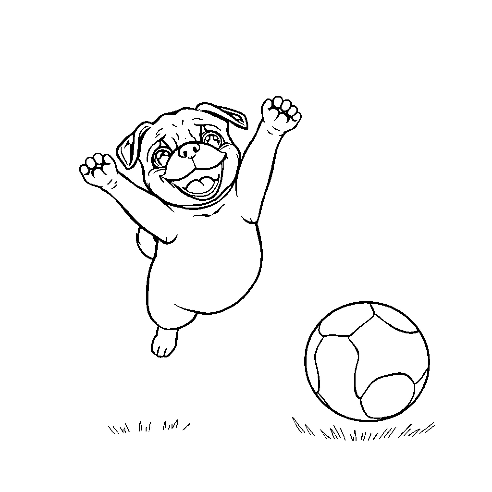Pug playing joyfully with soccer ball Coloring Page (free black-and-white line drawing printable PDF for all, from beginners to advanced learners, including children, teens, adults, and seniors)