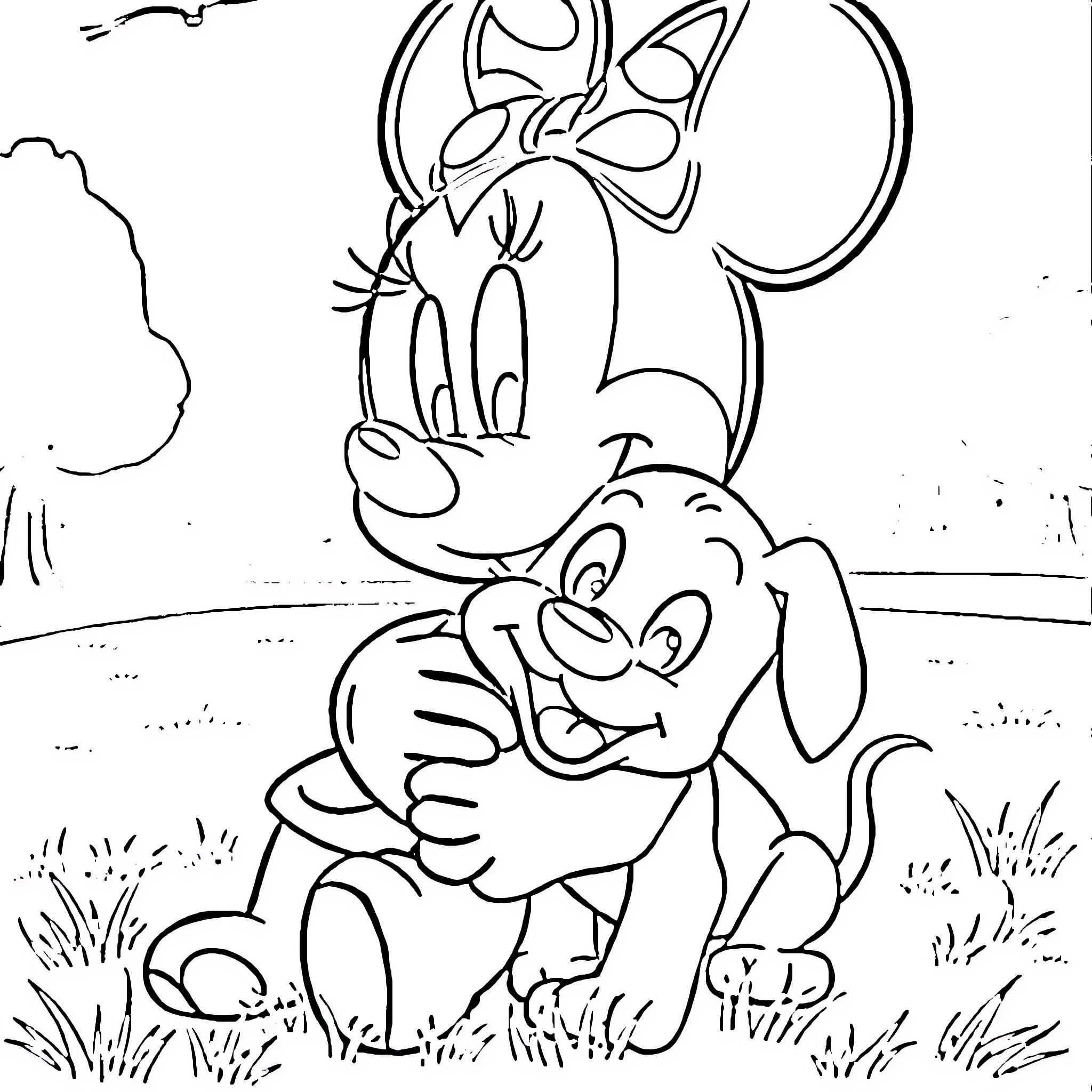 Minnie Mouse and her playful puppy companion Coloring Page (free black-and-white line drawing printable PDF for all, from beginners to advanced learners, including children, teens, adults, and seniors)