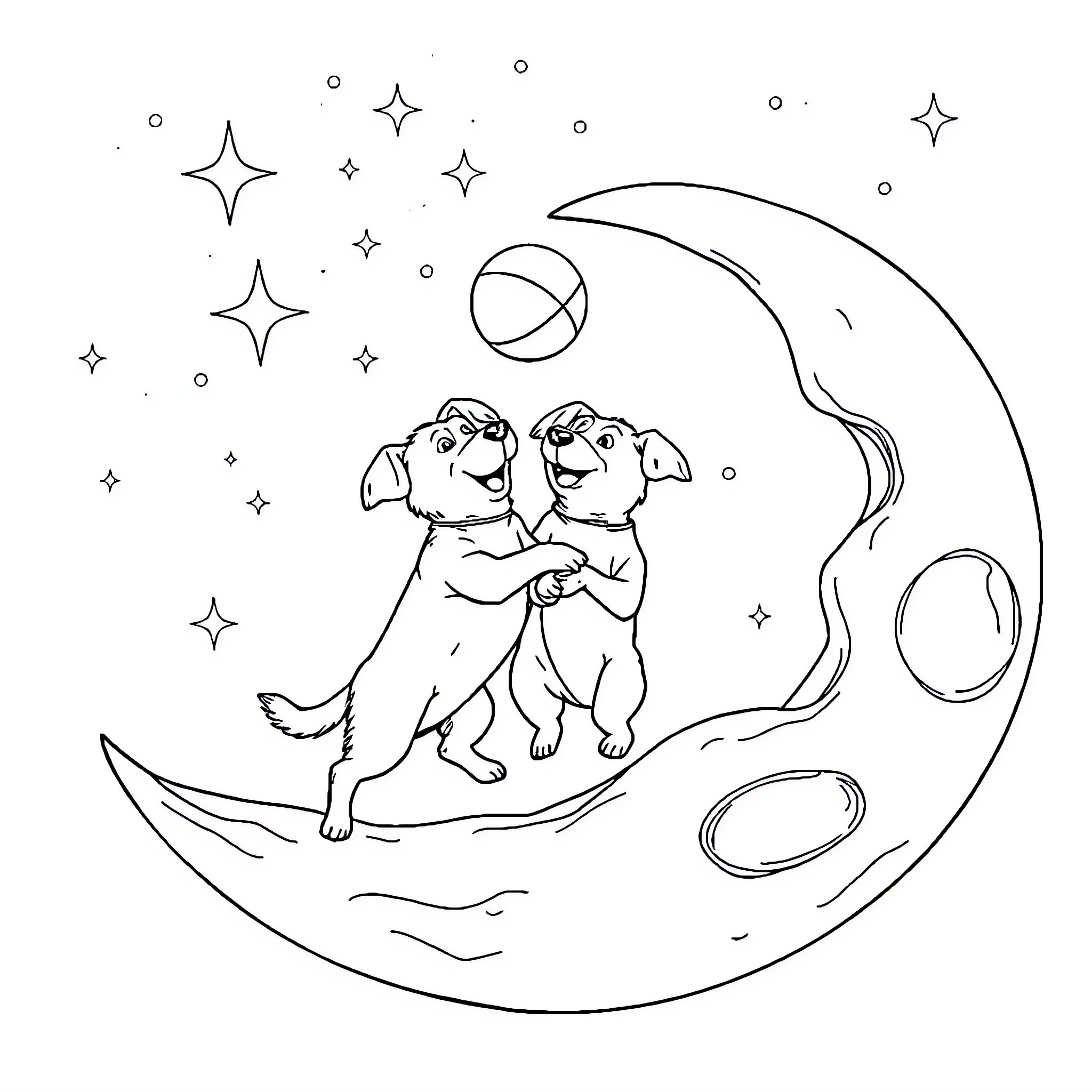 Dog Friends Embracing Under Starry Night Sky Coloring Page (free black-and-white line drawing printable PDF for all, from beginners to advanced learners, including children, teens, adults, and seniors)