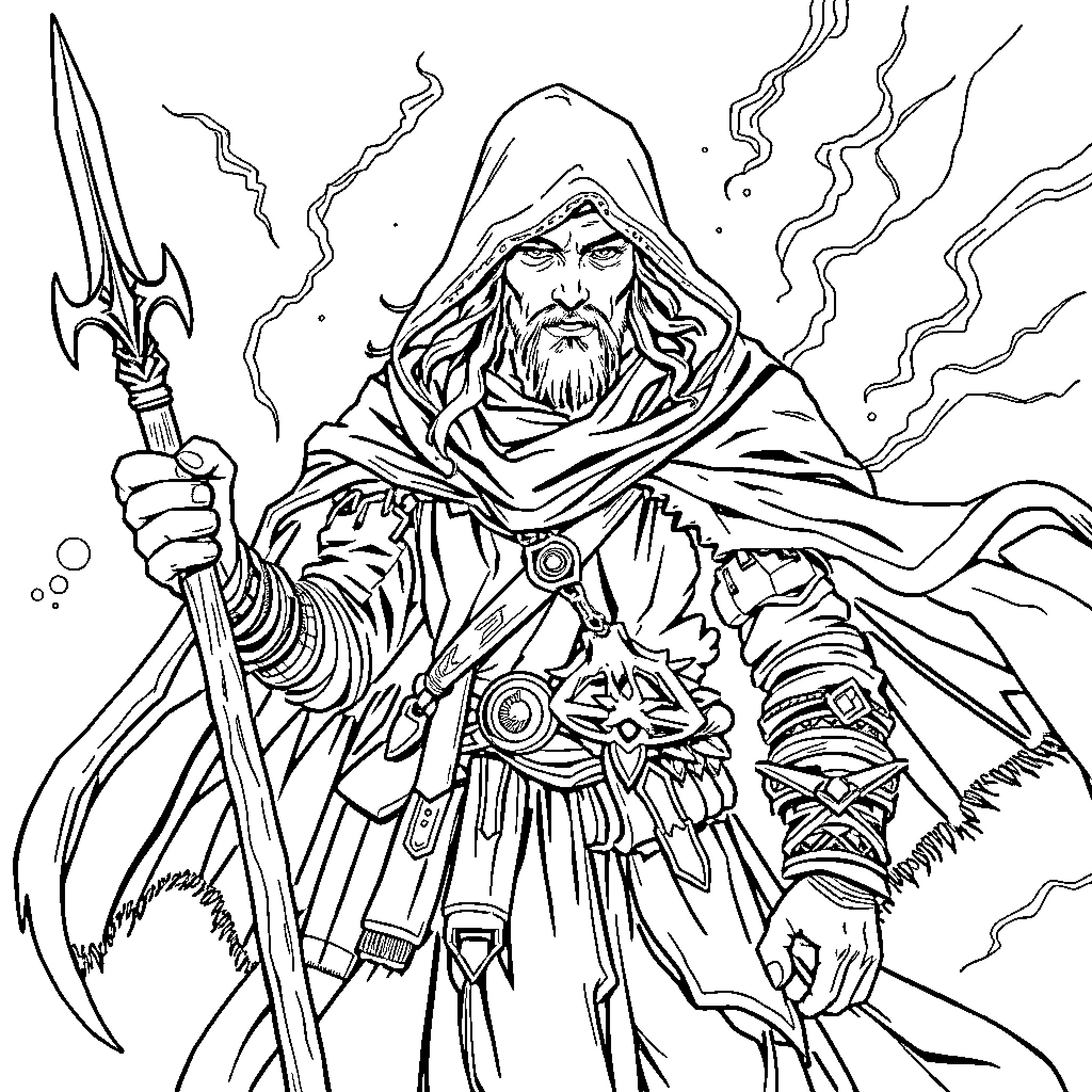 DND Character Sheet: Wizard Wielding Enchanted Staff Coloring Page (free black-and-white line drawing printable PDF for all, from beginners to advanced learners, including children, teens, adults, and seniors)