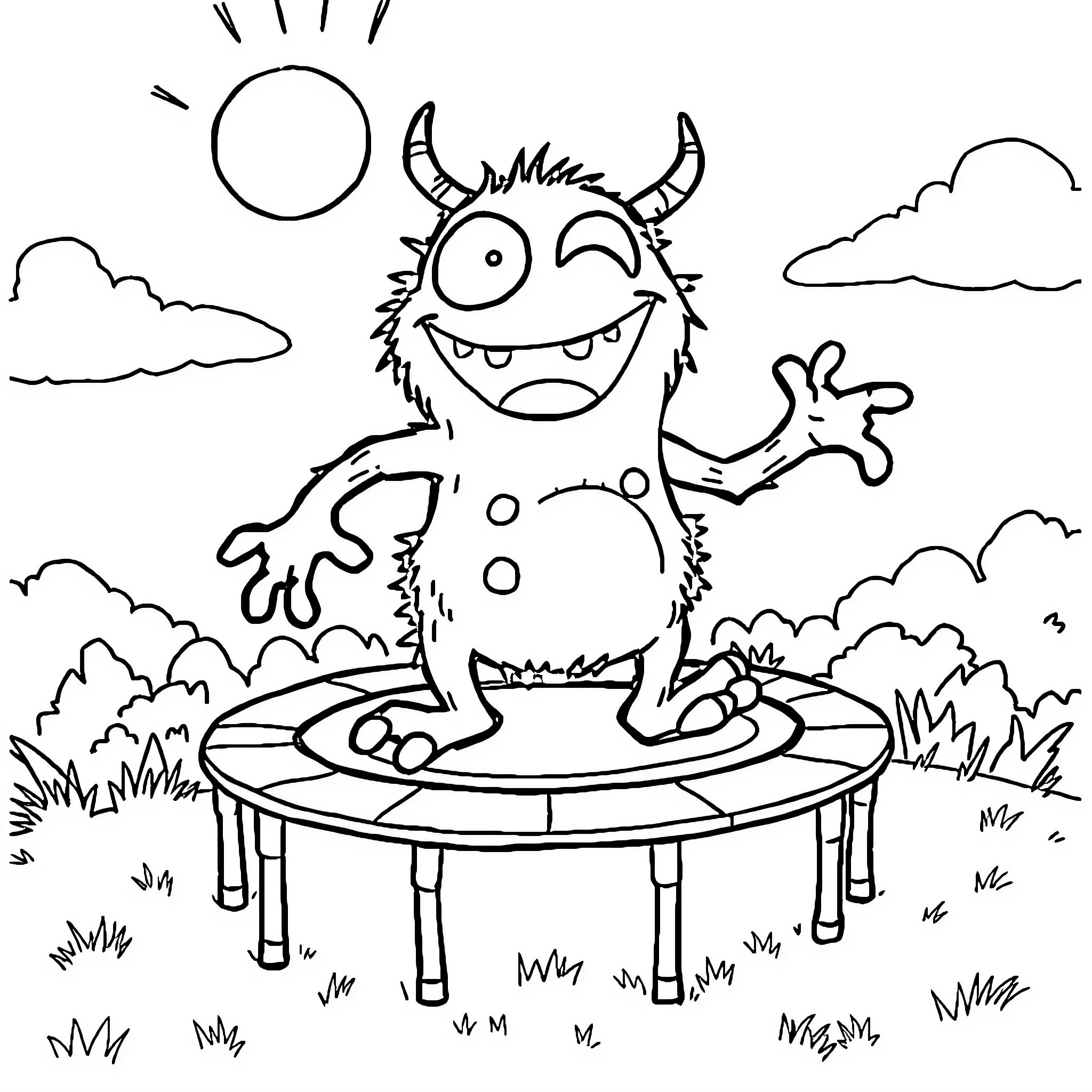 Monster joyfully jumping on a trampoline Coloring Page (free black-and-white line drawing printable PDF for all, from beginners to advanced learners, including children, teens, adults, and seniors)