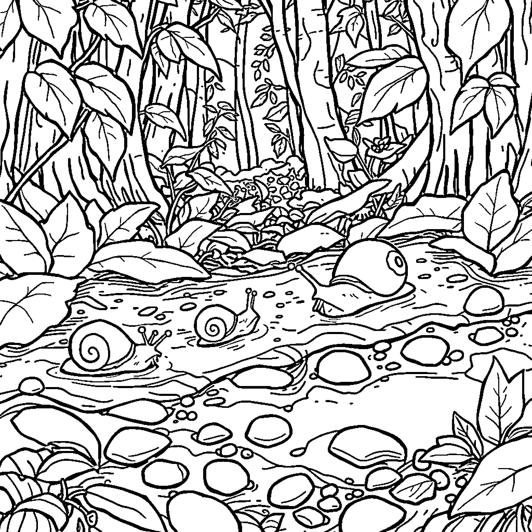Snail crawling through lush forest landscape Coloring Page (free black-and-white line drawing printable PDF for all, from beginners to advanced learners, including children, teens, adults, and seniors)