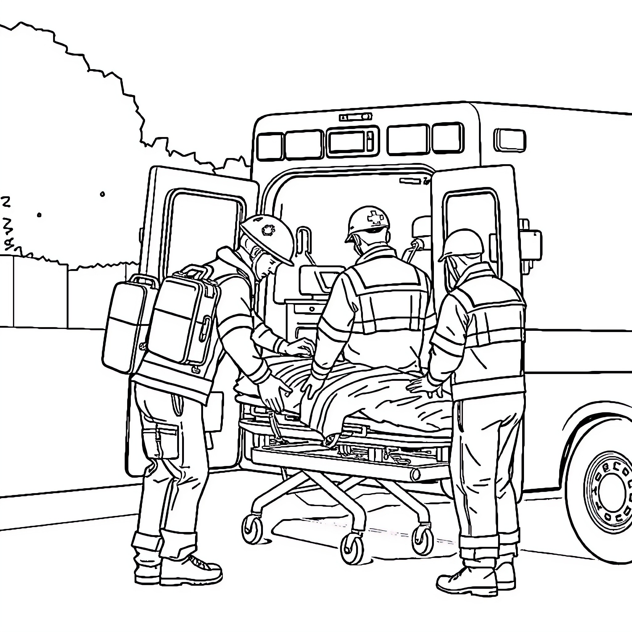 Paramedics providing emergency medical care to a patient Coloring Page (free black-and-white line drawing printable PDF for all, from beginners to advanced learners, including children, teens, adults, and seniors)