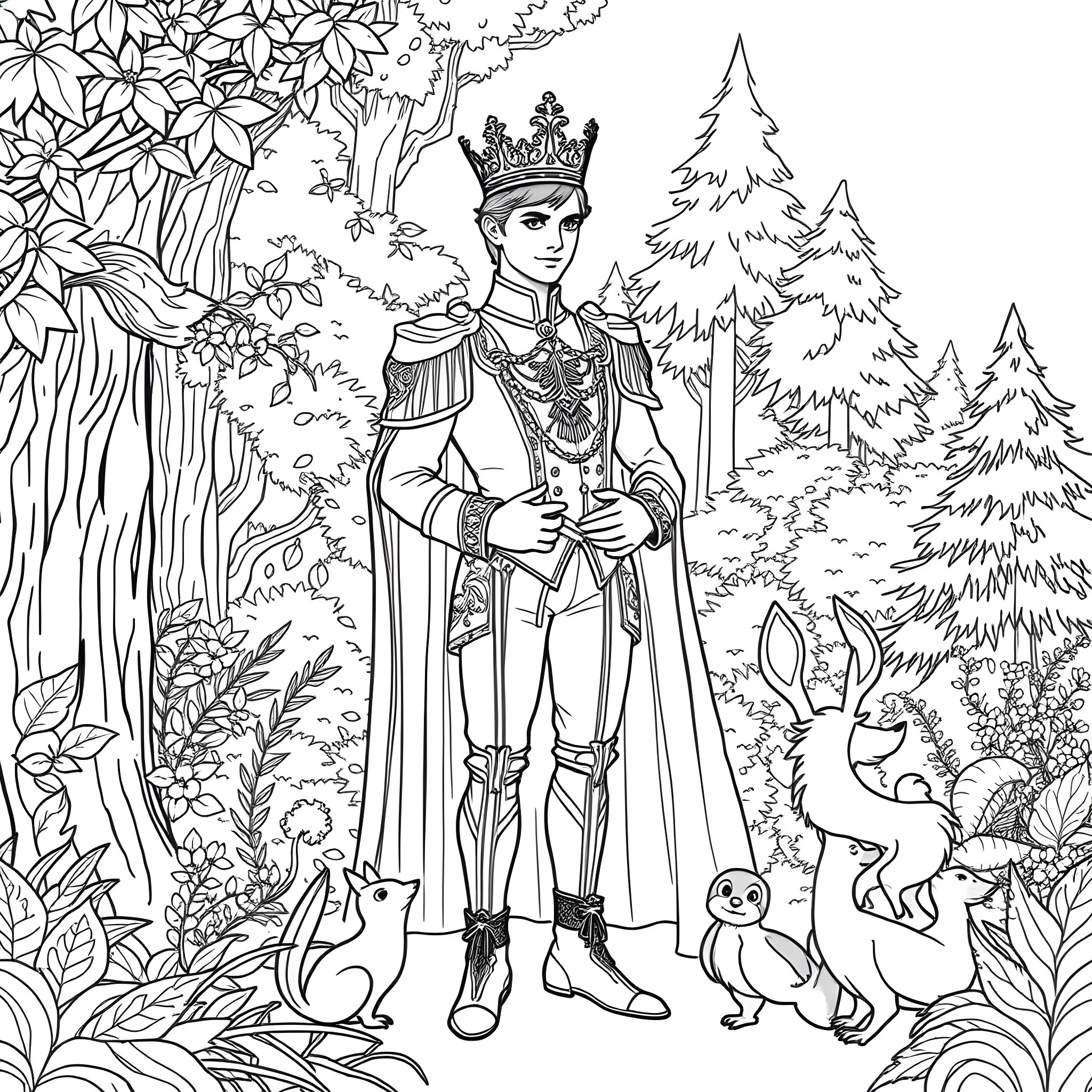Prince in a Magical Forest with Woodland Creatures Coloring Page (free black-and-white line drawing printable PDF for all, from beginners to advanced learners, including children, teens, adults, and seniors)
