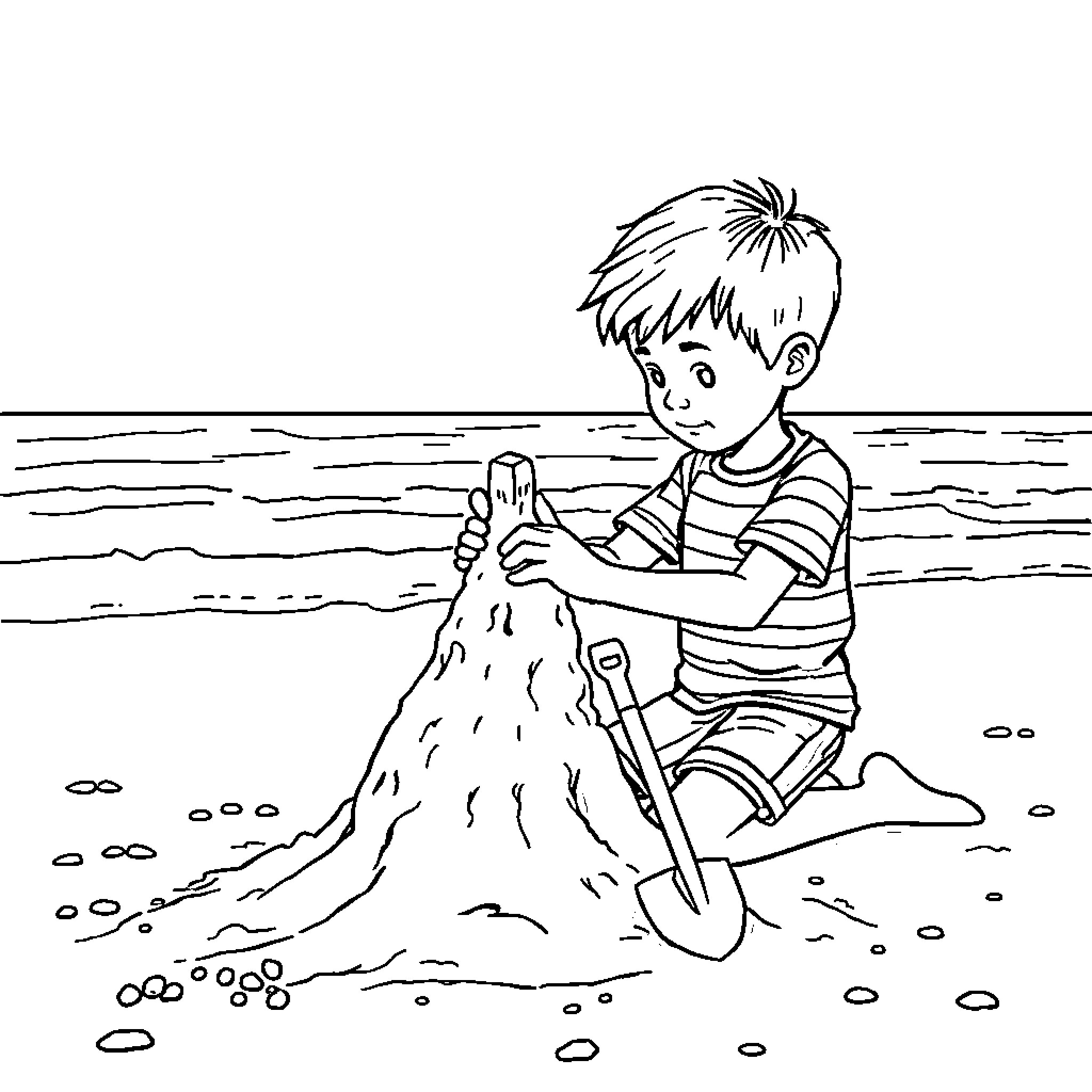 William Afton building a sandcastle on the beach Coloring Page (free black-and-white line drawing printable PDF for all, from beginners to advanced learners, including children, teens, adults, and seniors)