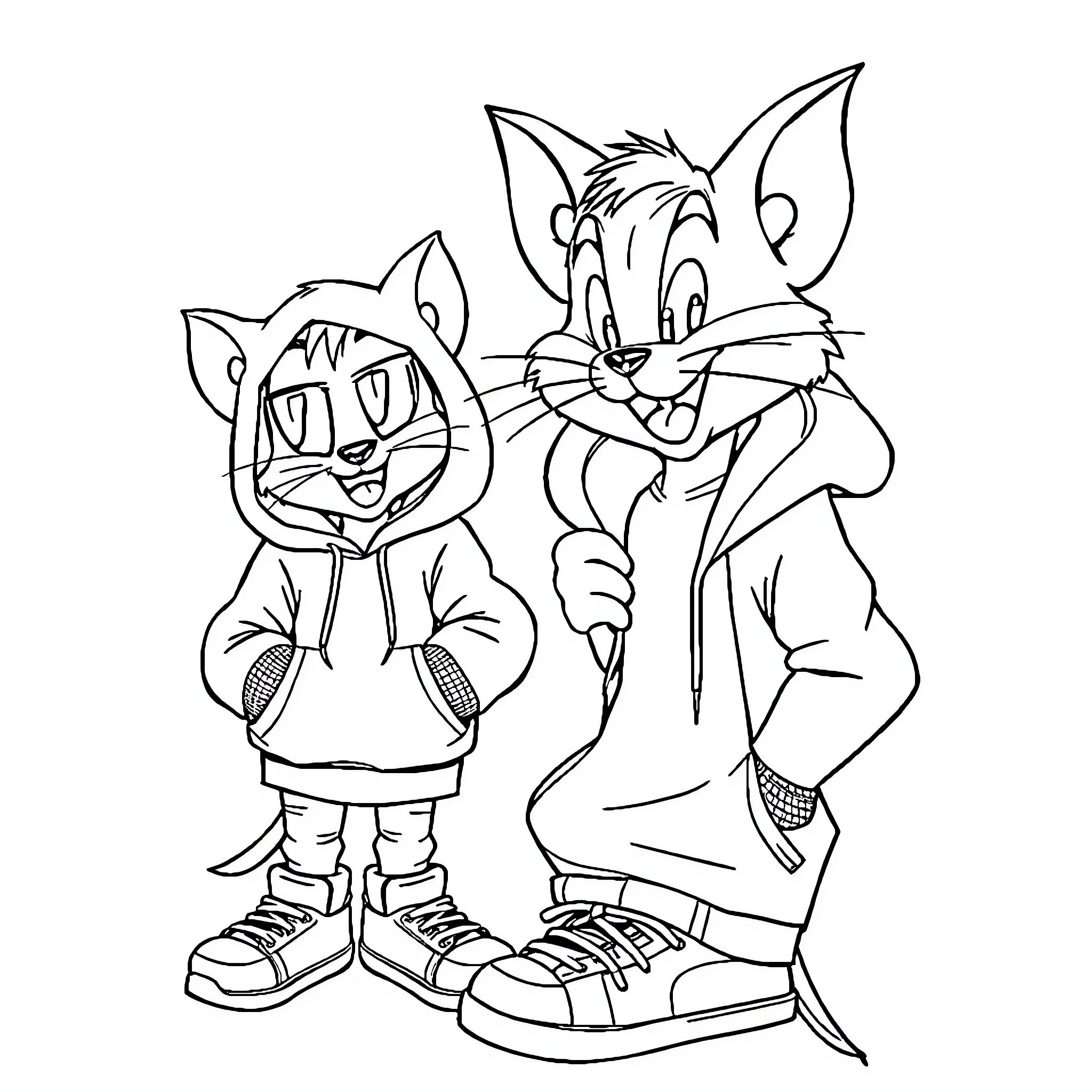 Tom and Jerry in Casual Attire and Poses Coloring Page (free black-and-white line drawing printable PDF for all, from beginners to advanced learners, including children, teens, adults, and seniors)