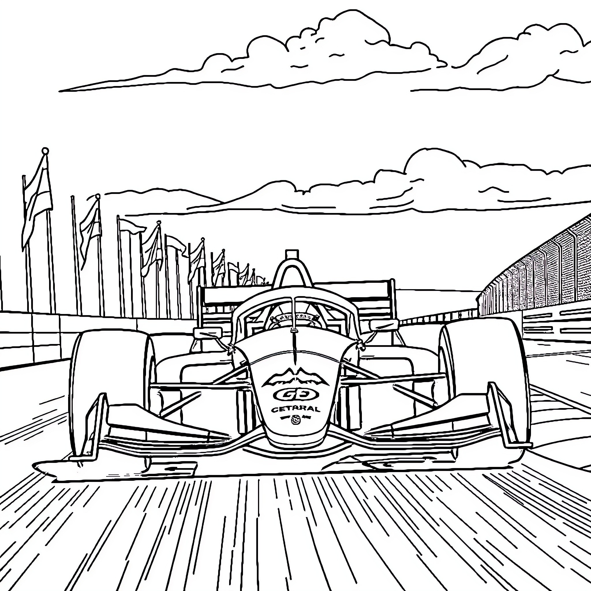 Formula One Car racing on urban track Coloring Page (free black-and-white line drawing printable PDF for all, from beginners to advanced learners, including children, teens, adults, and seniors)