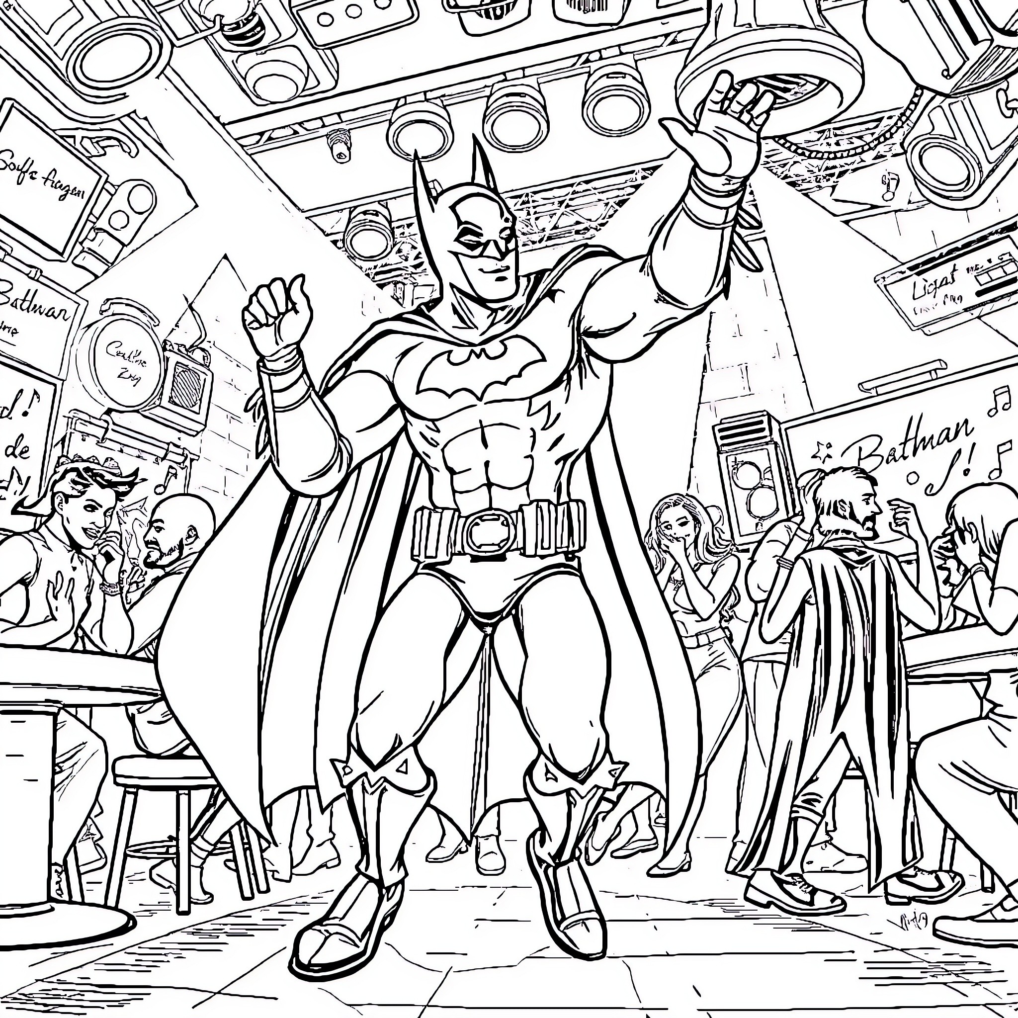 Batman Saving the Day in a Colorful Scene Coloring Page (free black-and-white line drawing printable PDF for all, from beginners to advanced learners, including children, teens, adults, and seniors)