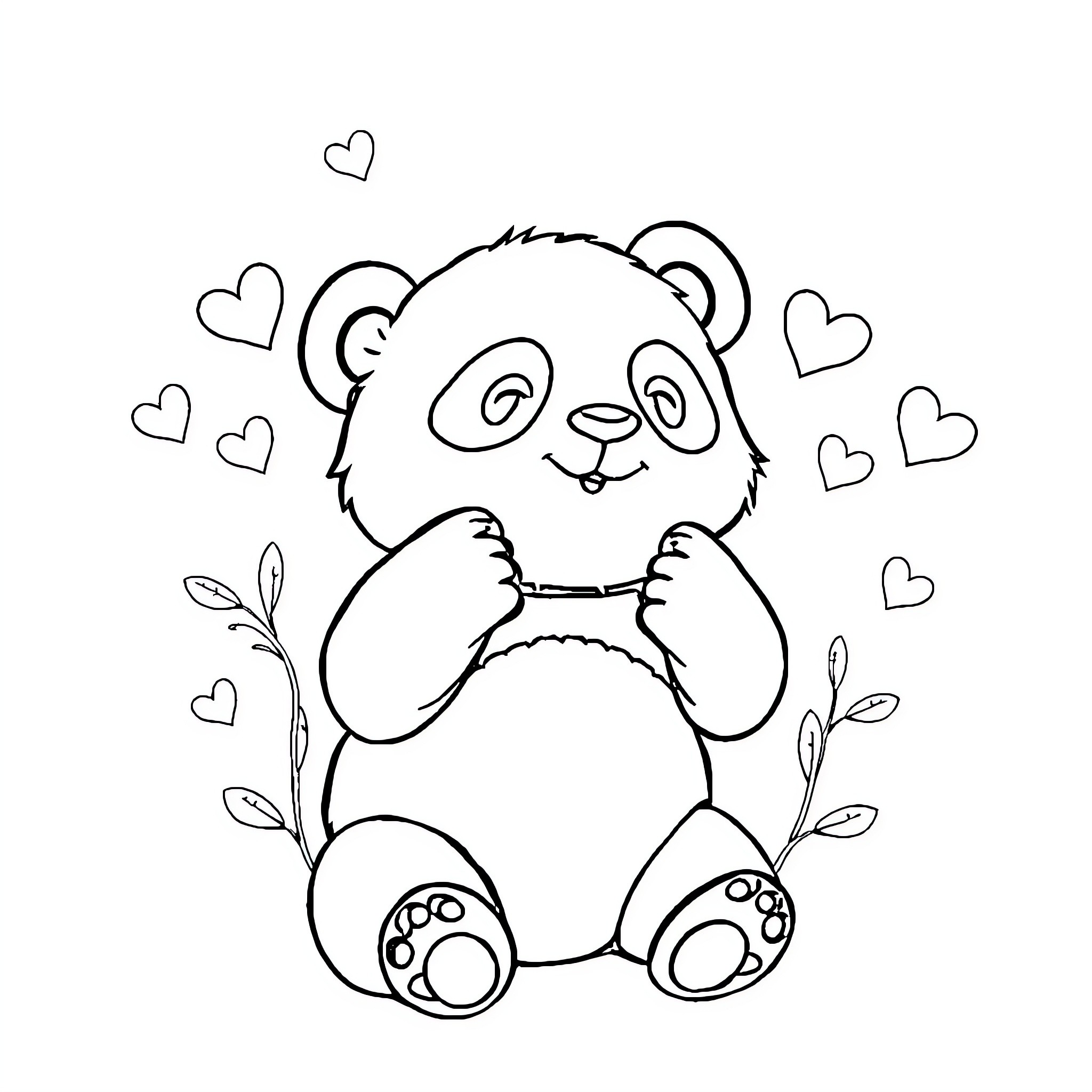 Panda bear surrounded by hearts and leaves Coloring Page (free black-and-white line drawing printable PDF for all, from beginners to advanced learners, including children, teens, adults, and seniors)