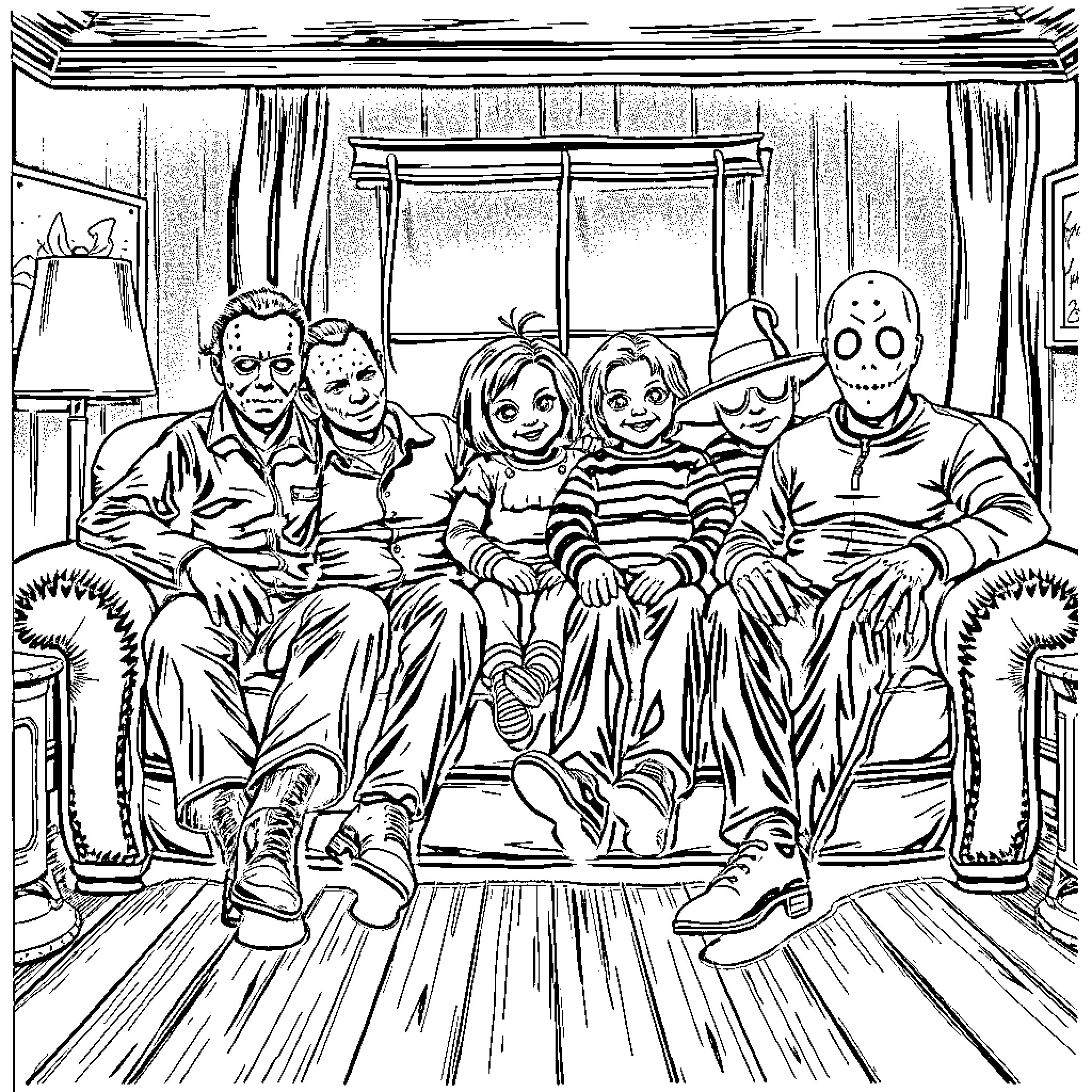 Horror Characters Gathered in Haunting Living Room Coloring Page (free black-and-white line drawing printable PDF for all, from beginners to advanced learners, including children, teens, adults, and seniors)