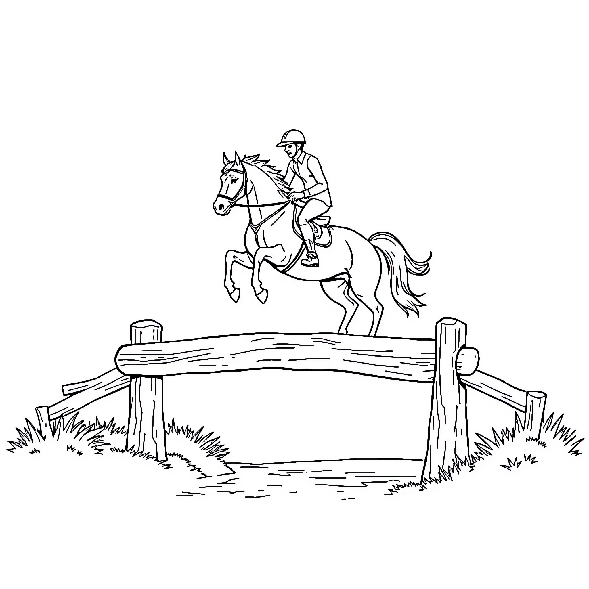 Equestrian jumping over a fence Coloring Page (free black-and-white line drawing printable PDF for all, from beginners to advanced learners, including children, teens, adults, and seniors)