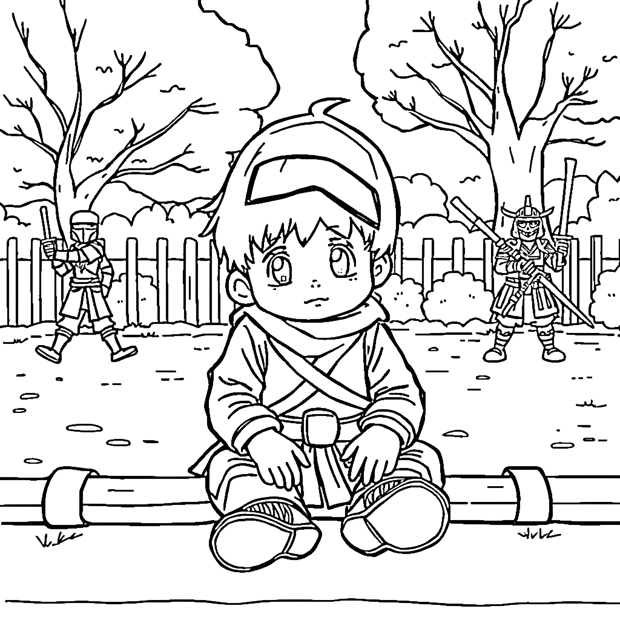 Boy feeling sad in the forest with battle scene Coloring Page (free black-and-white line drawing printable PDF for all, from beginners to advanced learners, including children, teens, adults, and seniors)