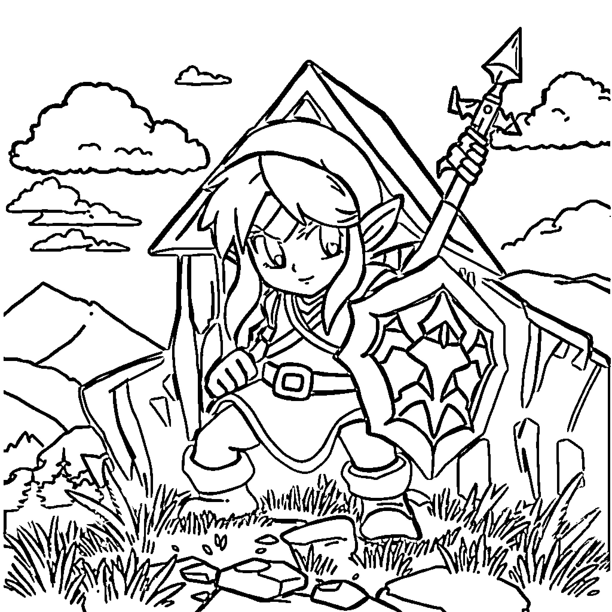 Legend of Zelda: Valiant Warrior in Enchanted Landscape Coloring Page (free black-and-white line drawing printable PDF for all, from beginners to advanced learners, including children, teens, adults, and seniors)