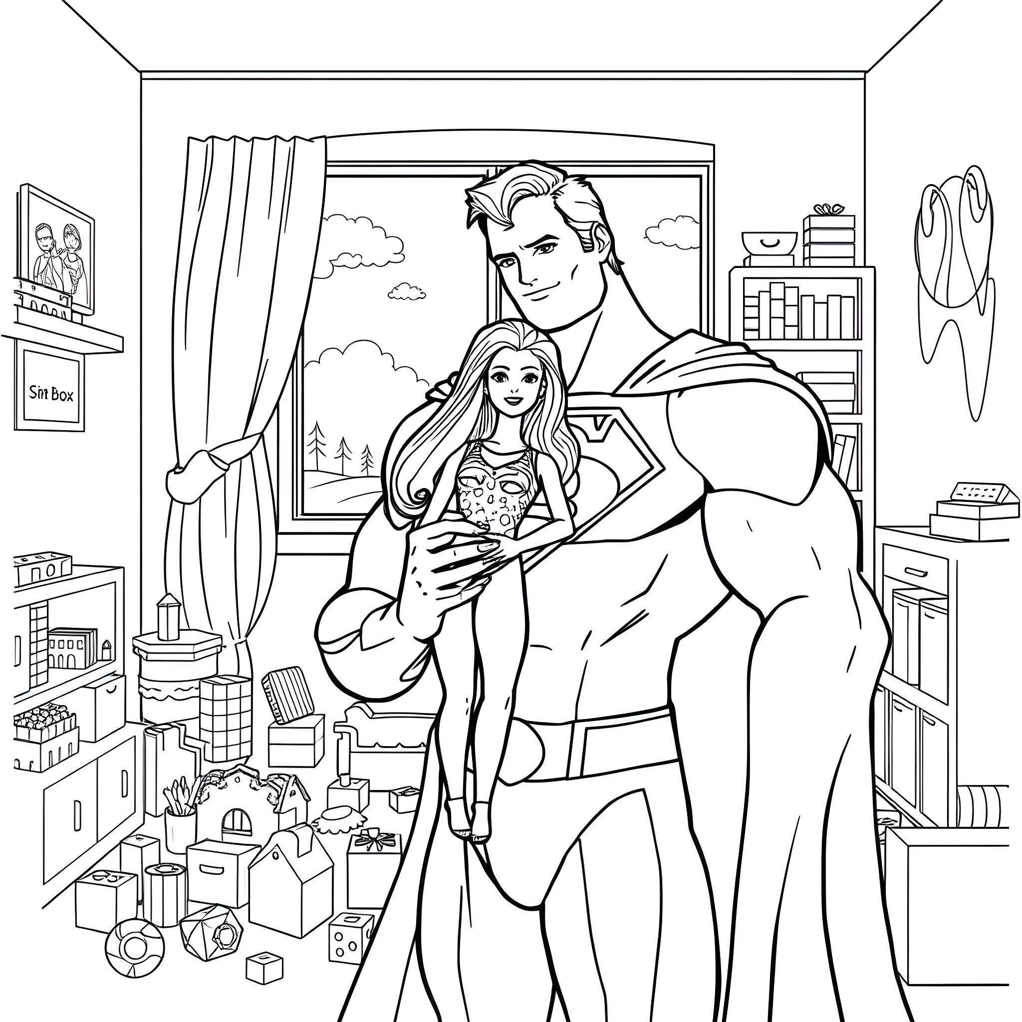 Superman protecting a woman in a domestic setting Coloring Page (free black-and-white line drawing printable PDF for all, from beginners to advanced learners, including children, teens, adults, and seniors)