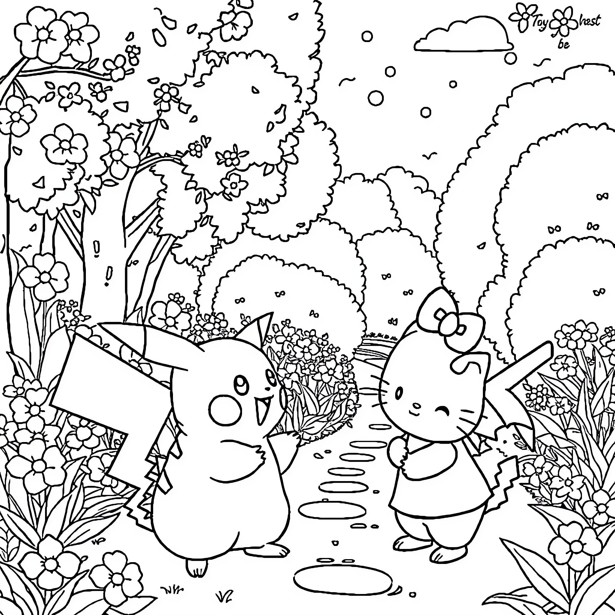 Pikachu and Hello Kitty exploring a whimsical forest Coloring Page (free black-and-white line drawing printable PDF for all, from beginners to advanced learners, including children, teens, adults, and seniors)