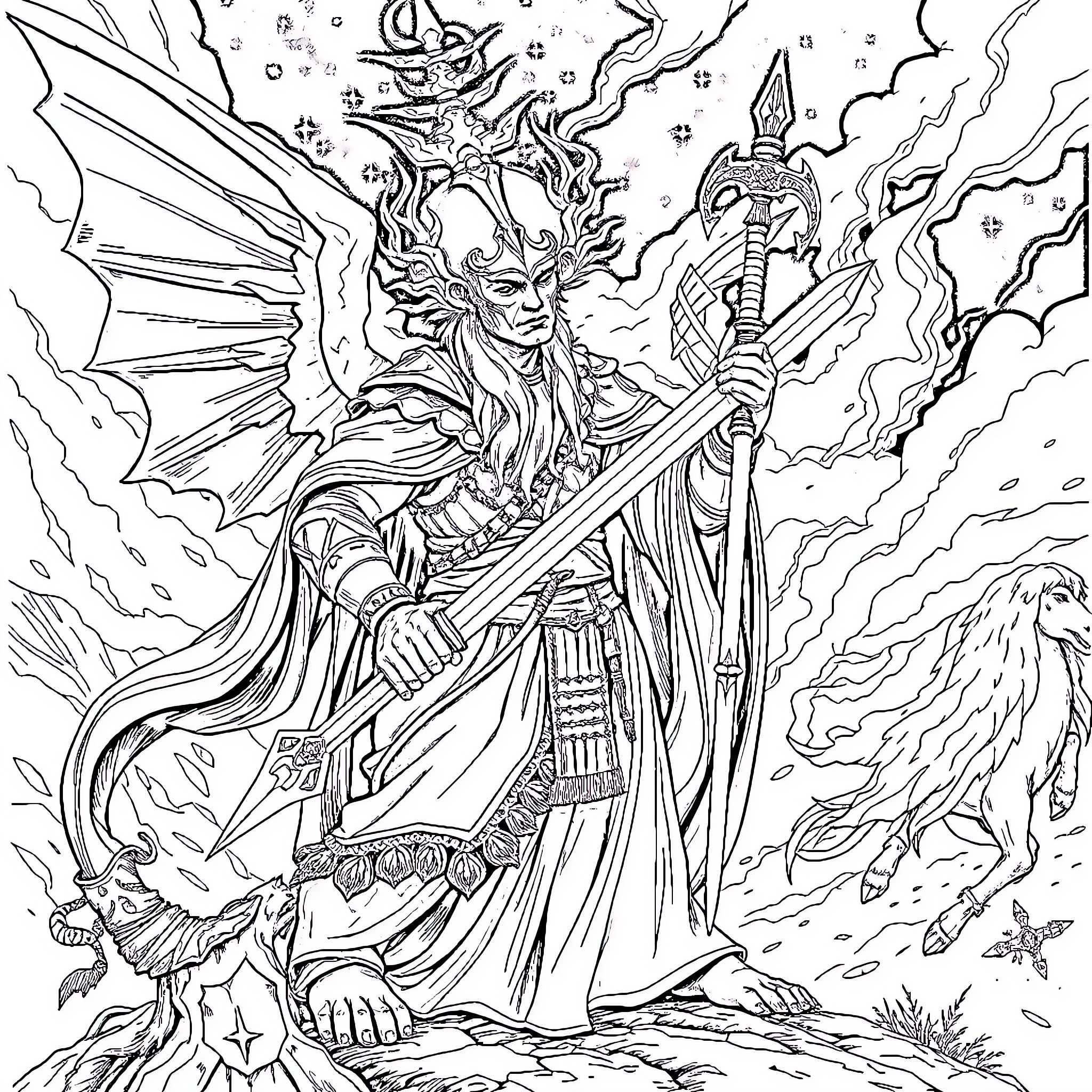 Dios, the Mighty Warrior of the Celestial Realm Coloring Page (free black-and-white line drawing printable PDF for all, from beginners to advanced learners, including children, teens, adults, and seniors)