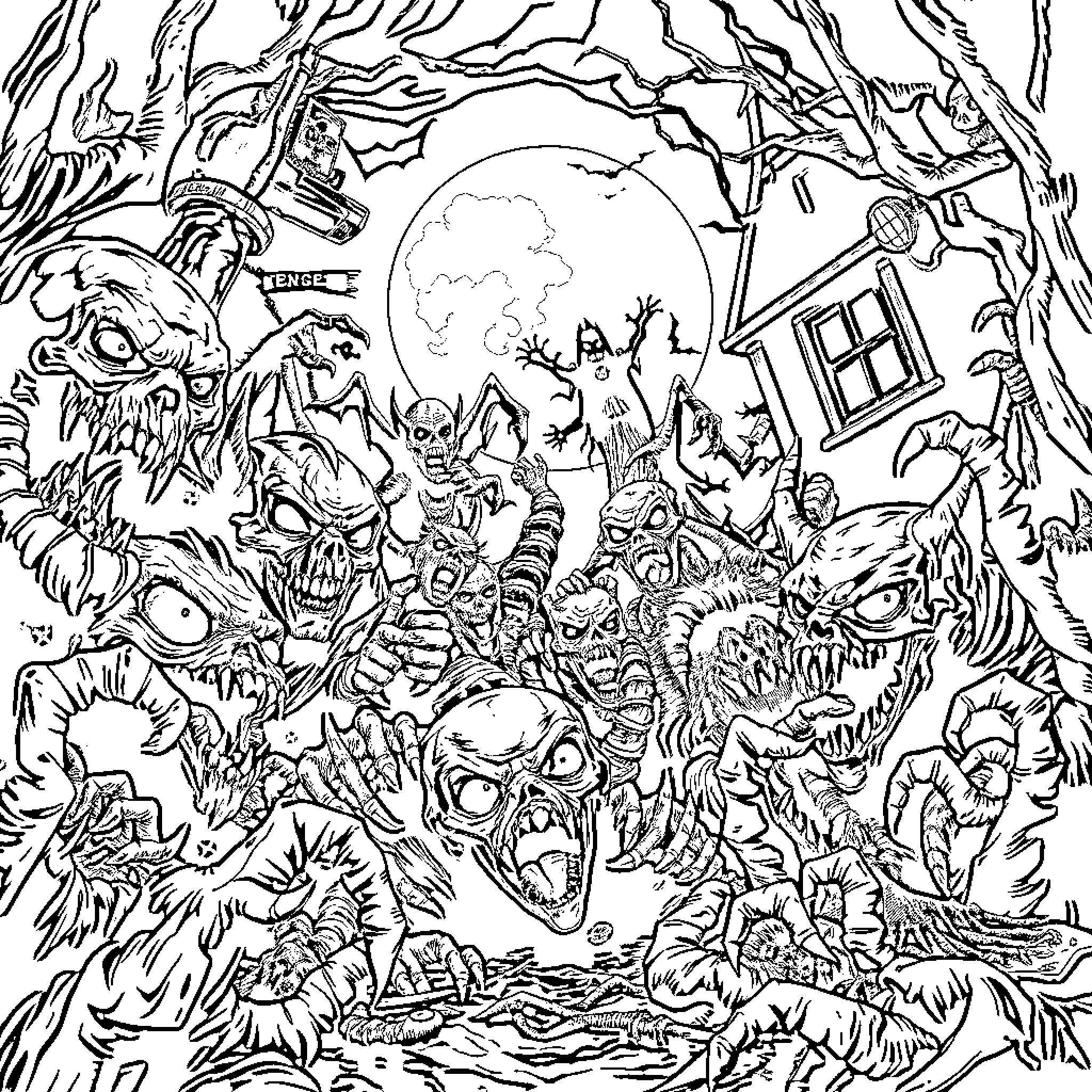 Monster Mayhem in the Haunting Forest Coloring Page (free black-and-white line drawing printable PDF for all, from beginners to advanced learners, including children, teens, adults, and seniors)