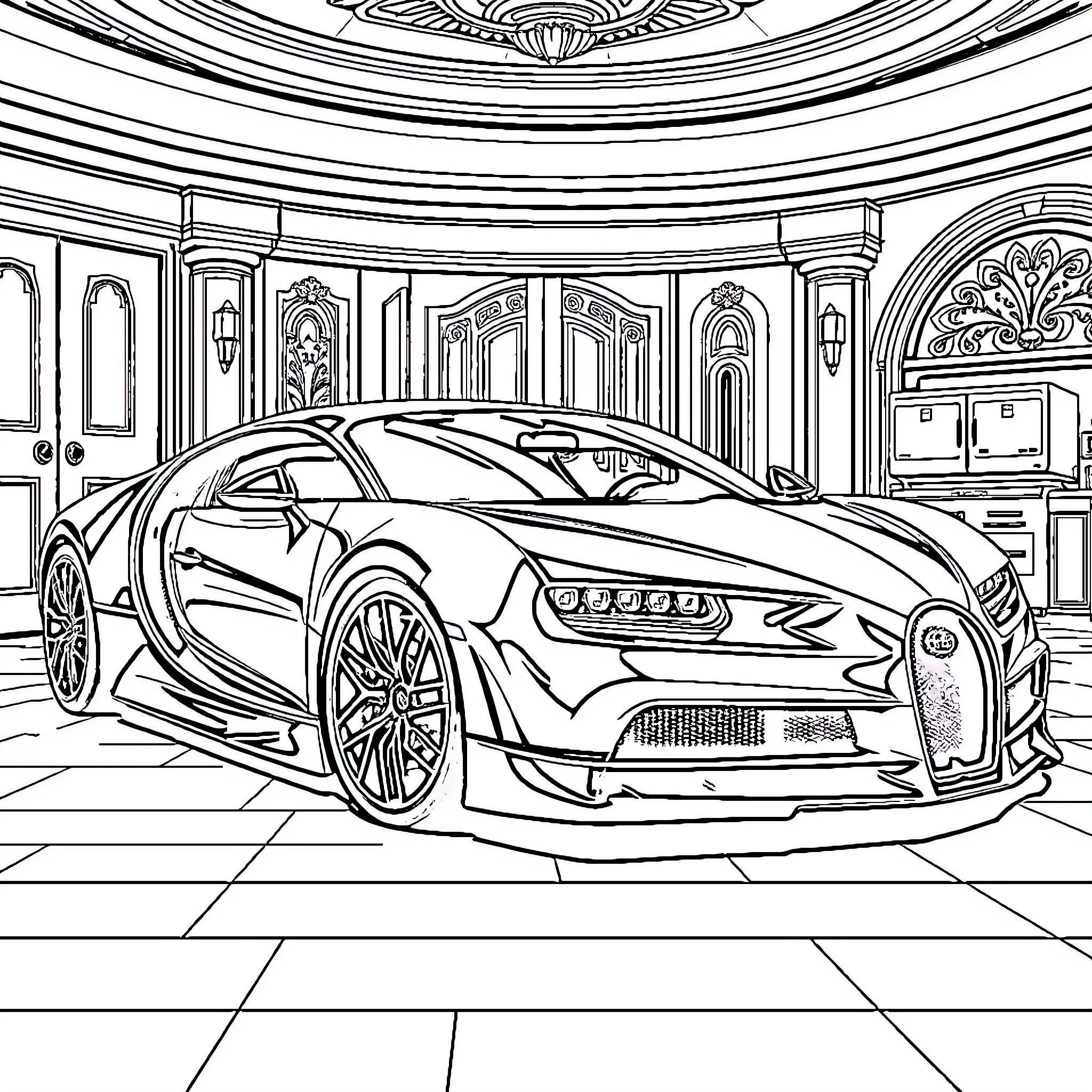 Bugatti luxury sports car in ornate showroom Coloring Page (free black-and-white line drawing printable PDF for all, from beginners to advanced learners, including children, teens, adults, and seniors)