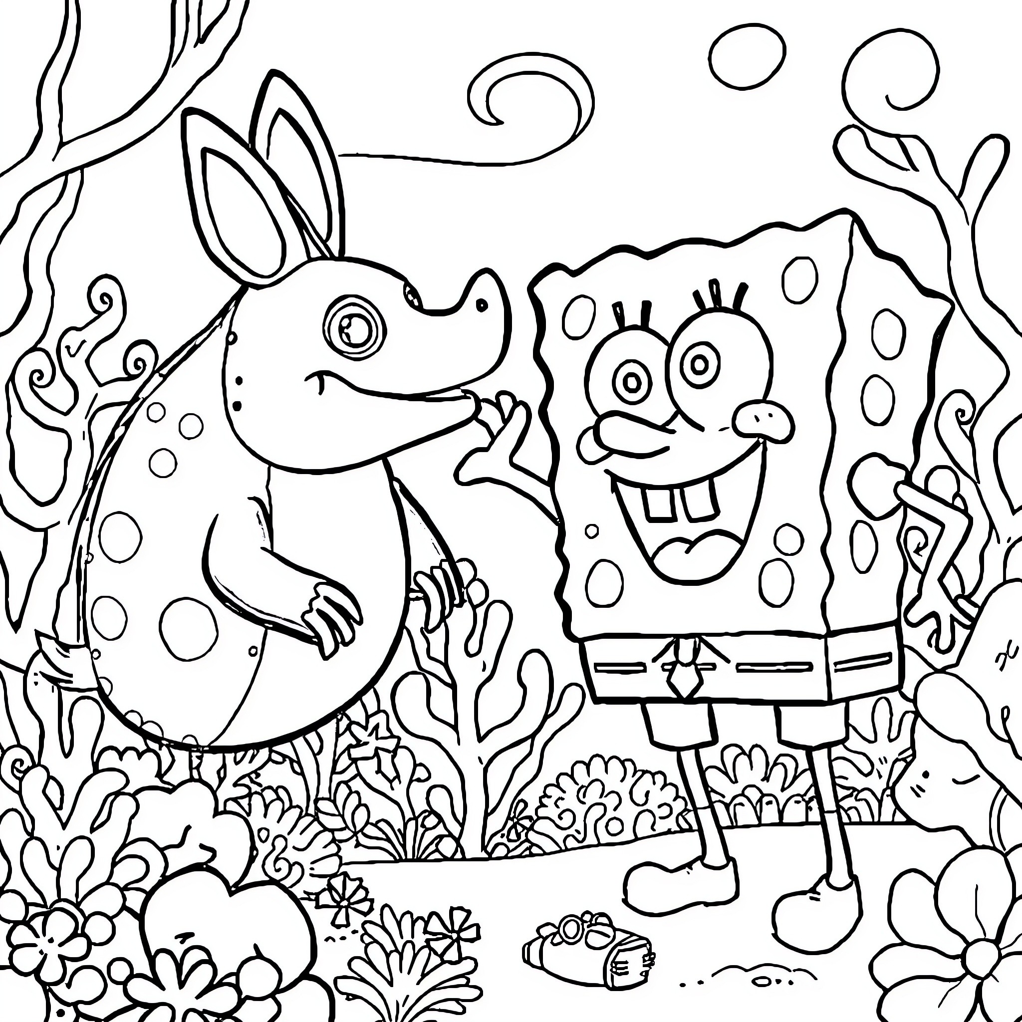 Tuntung's Underwater Adventure with SpongeBob Coloring Page (free black-and-white line drawing printable PDF for all, from beginners to advanced learners, including children, teens, adults, and seniors)