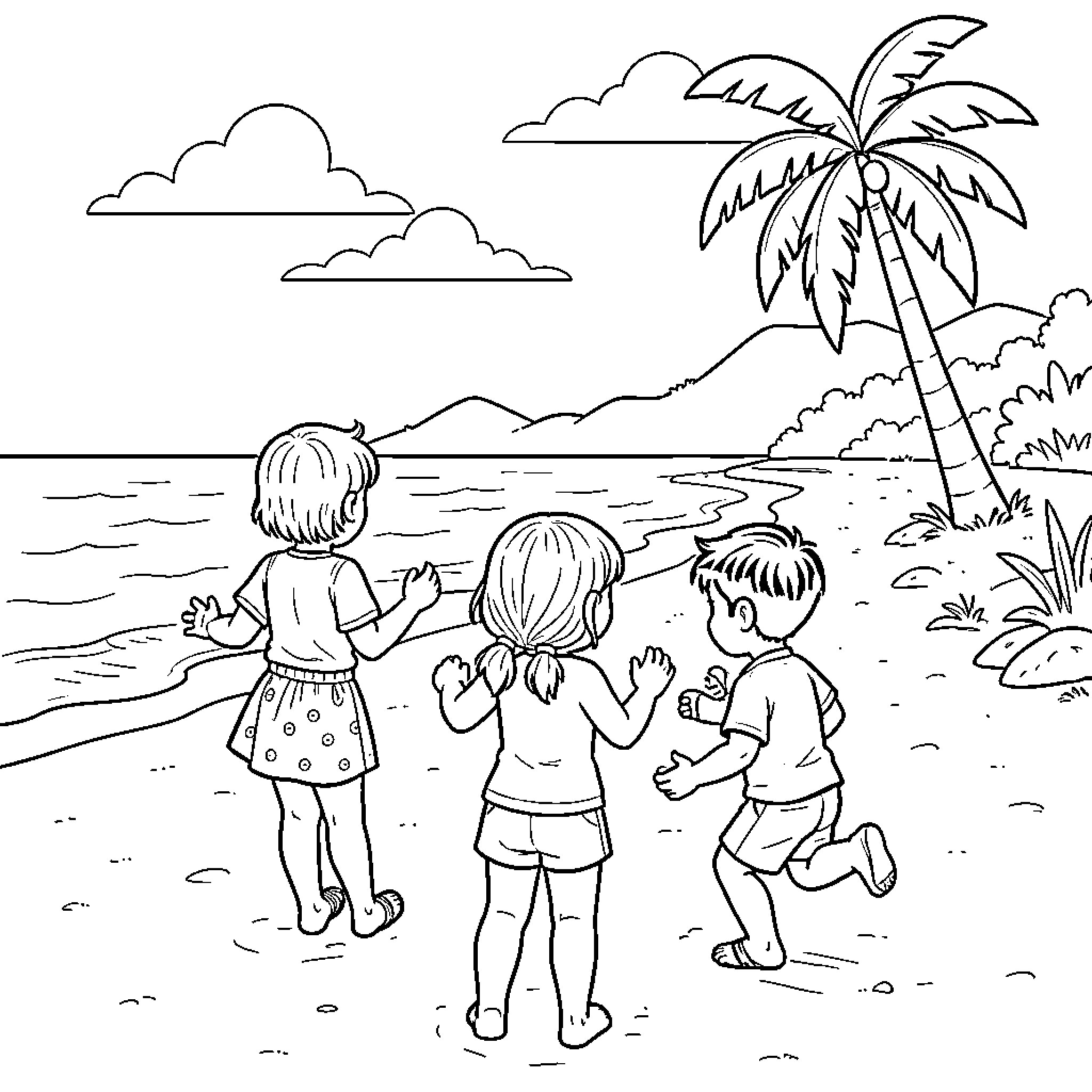 Enfant playing joyfully on a sunny tropical beach Coloring Page (free black-and-white line drawing printable PDF for all, from beginners to advanced learners, including children, teens, adults, and seniors)