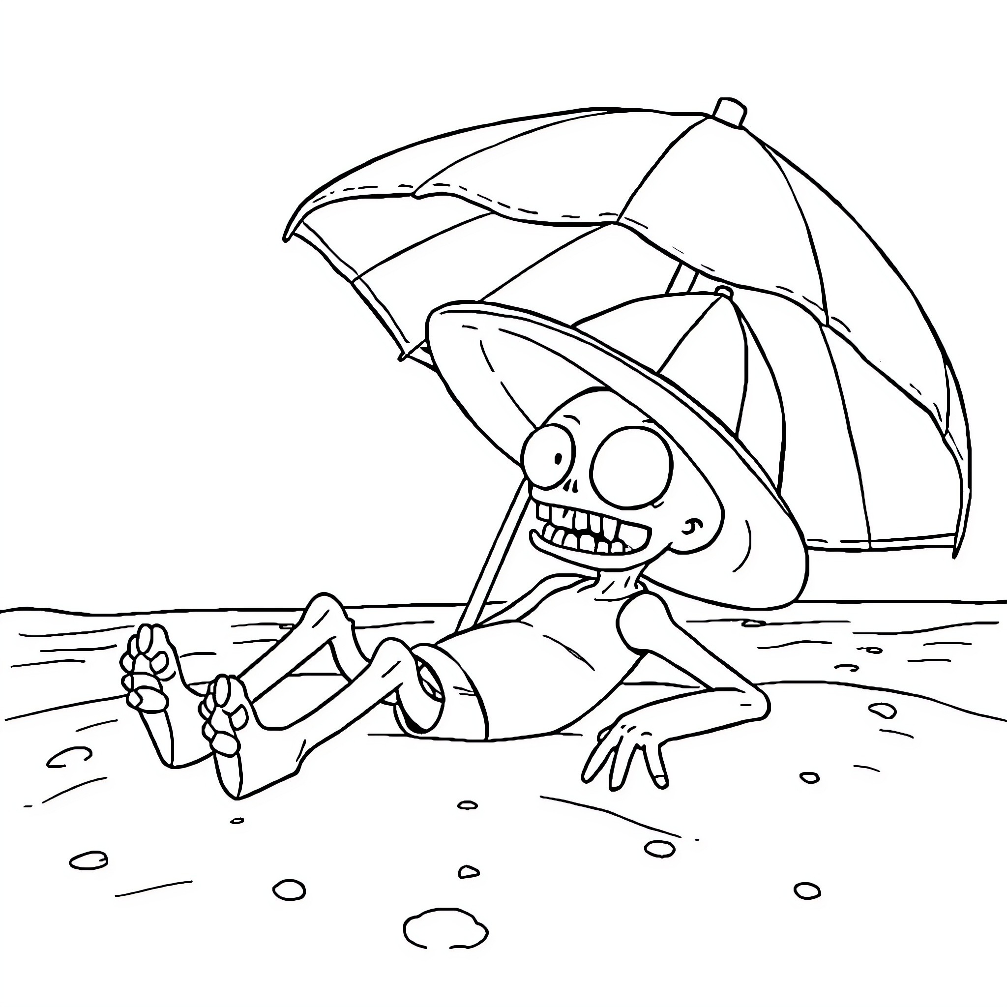 Zombie shark relaxing on the beach with umbrella Coloring Page (free black-and-white line drawing printable PDF for all, from beginners to advanced learners, including children, teens, adults, and seniors)