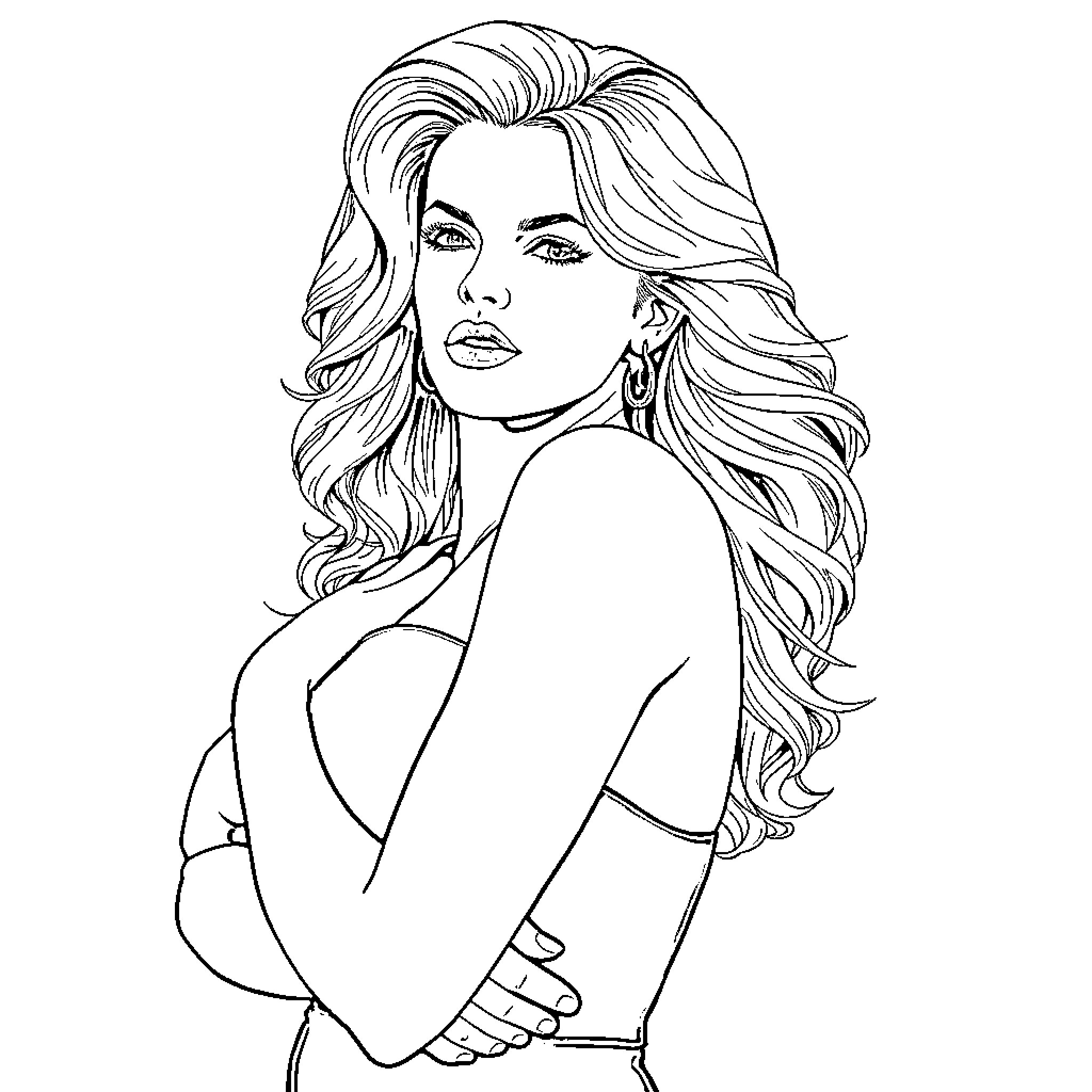 Pamela Anderson posing with confident expression Coloring Page (free black-and-white line drawing printable PDF for all, from beginners to advanced learners, including children, teens, adults, and seniors)
