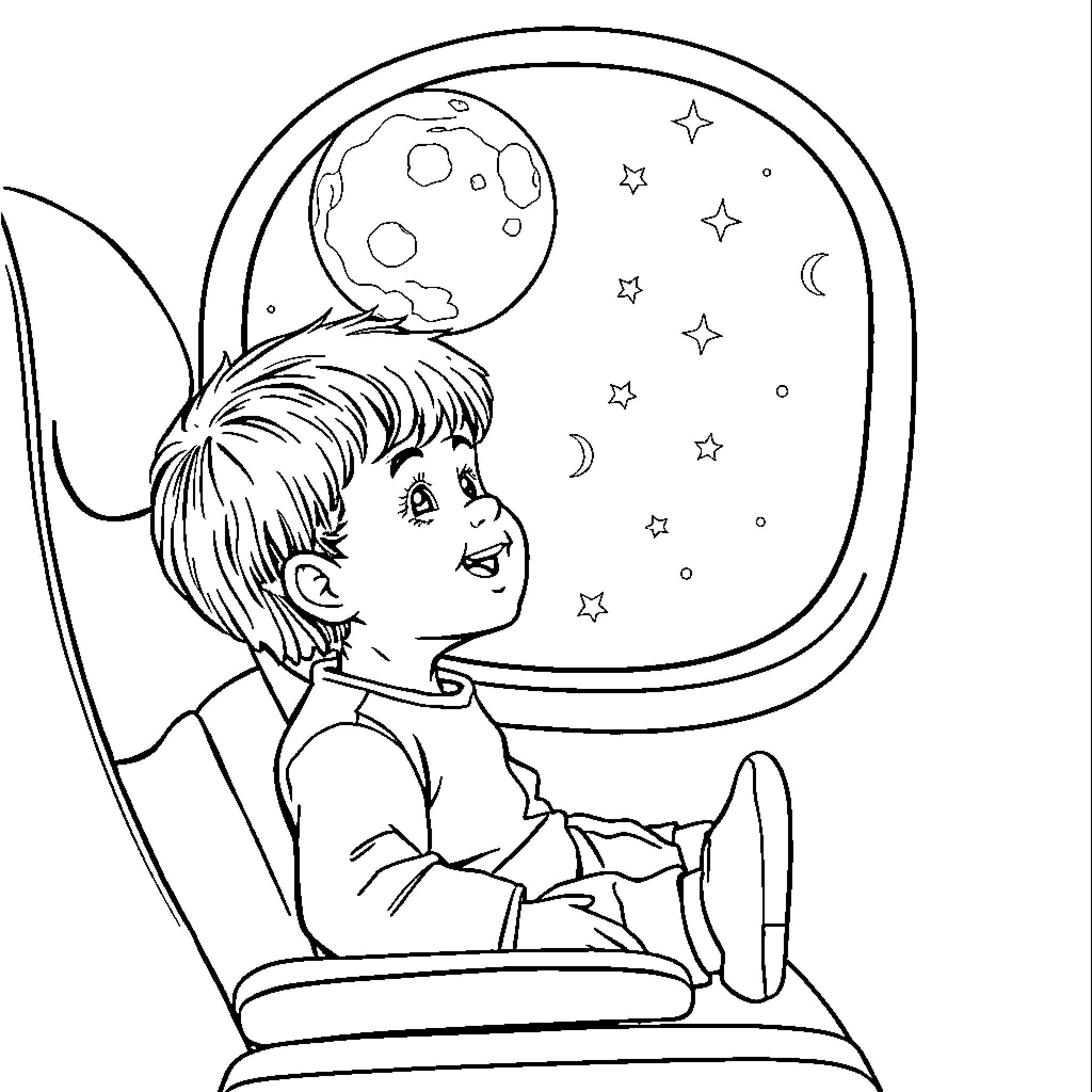 Toddler exploring the night sky in a rocket ship Coloring Page (free black-and-white line drawing printable PDF for all, from beginners to advanced learners, including children, teens, adults, and seniors)